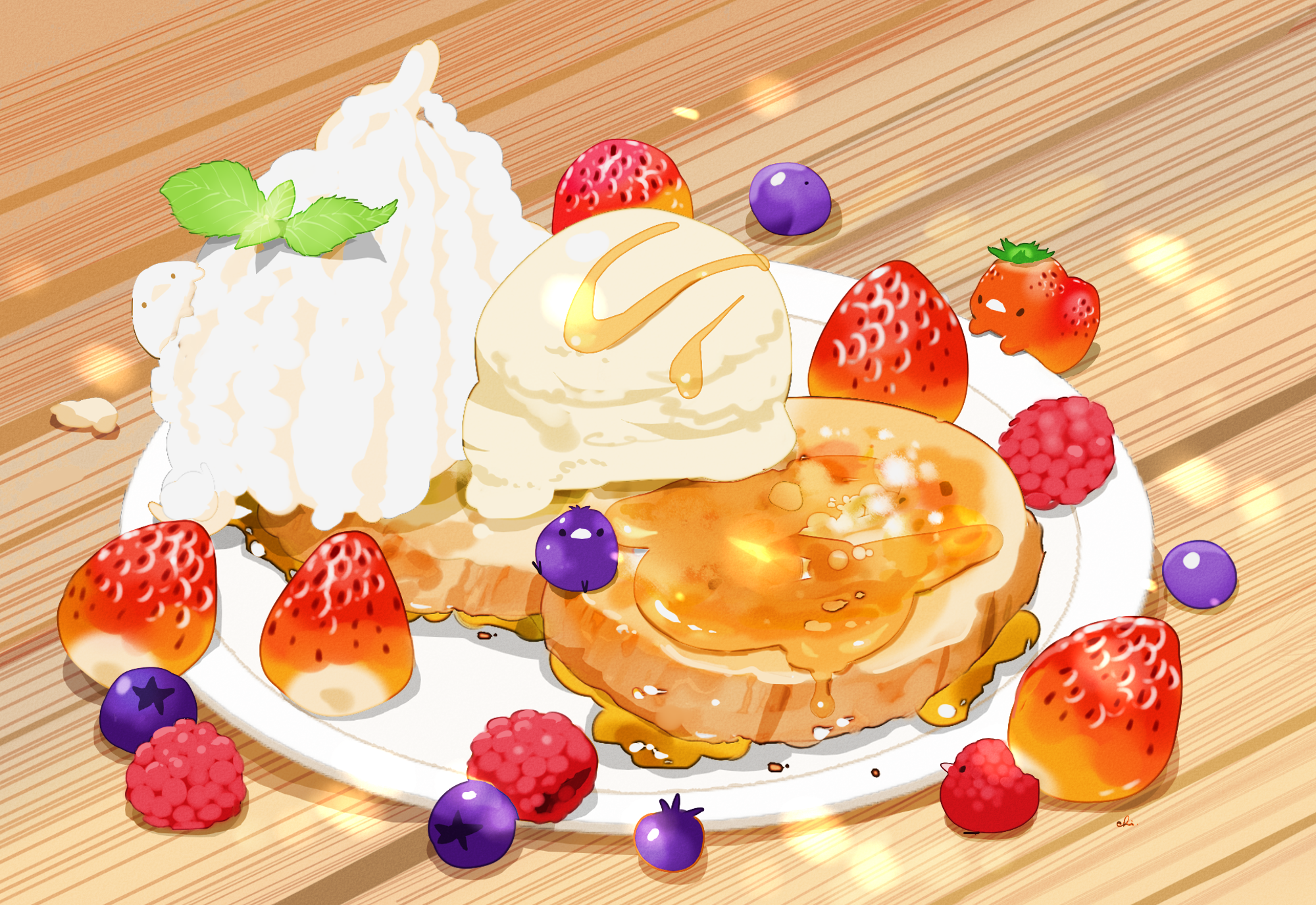 Dessert with ice cream, whipped cream, and berries HD Wallpaper