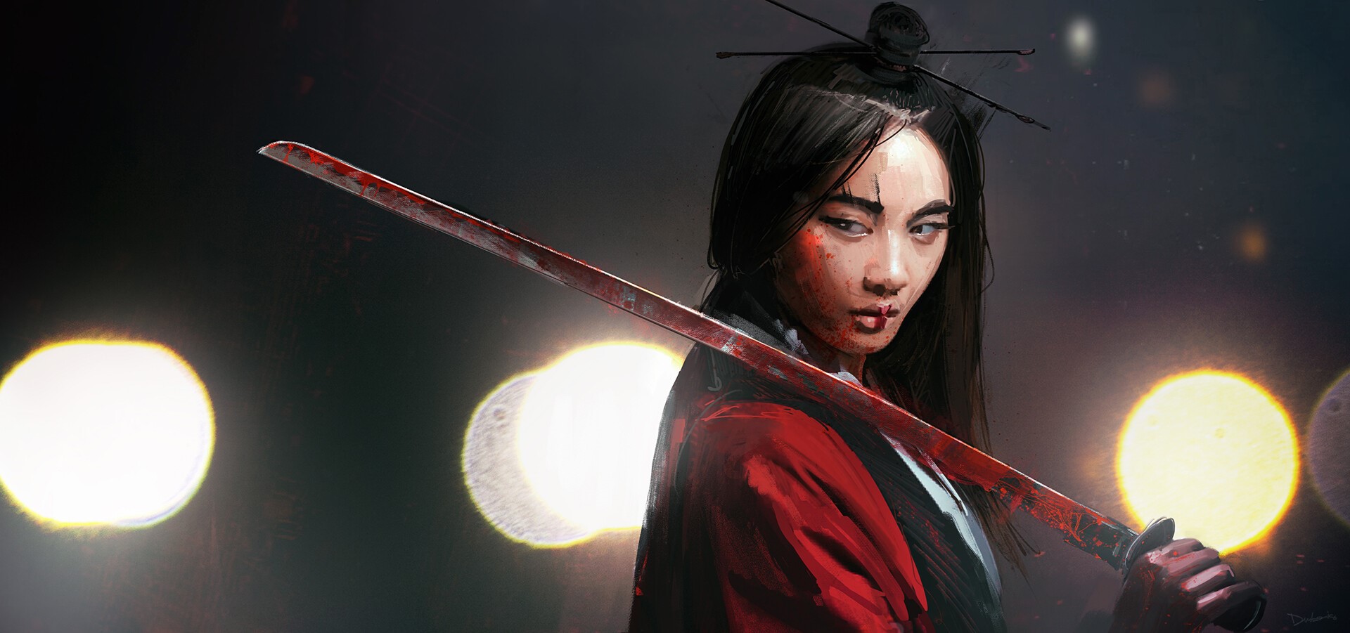 Warrior woman with bloody katana HD Wallpaper