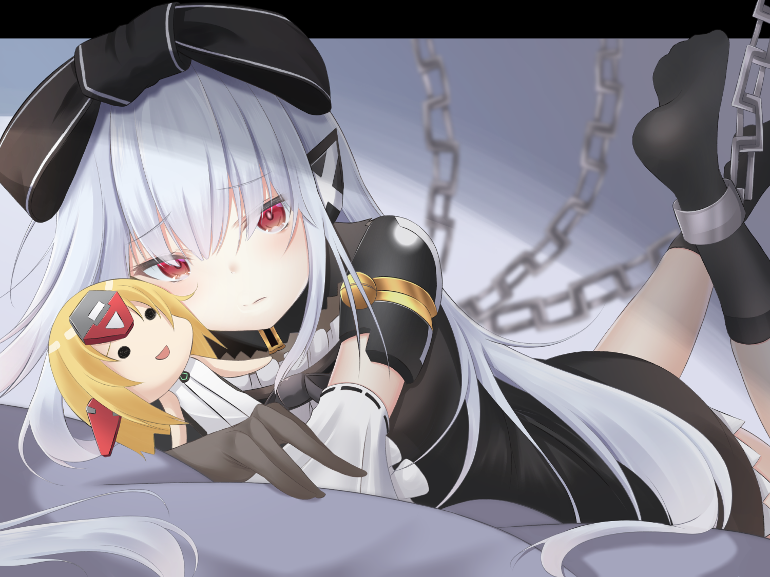 Anime girl with silver hair and red eyes holding a doll HD Wallpaper