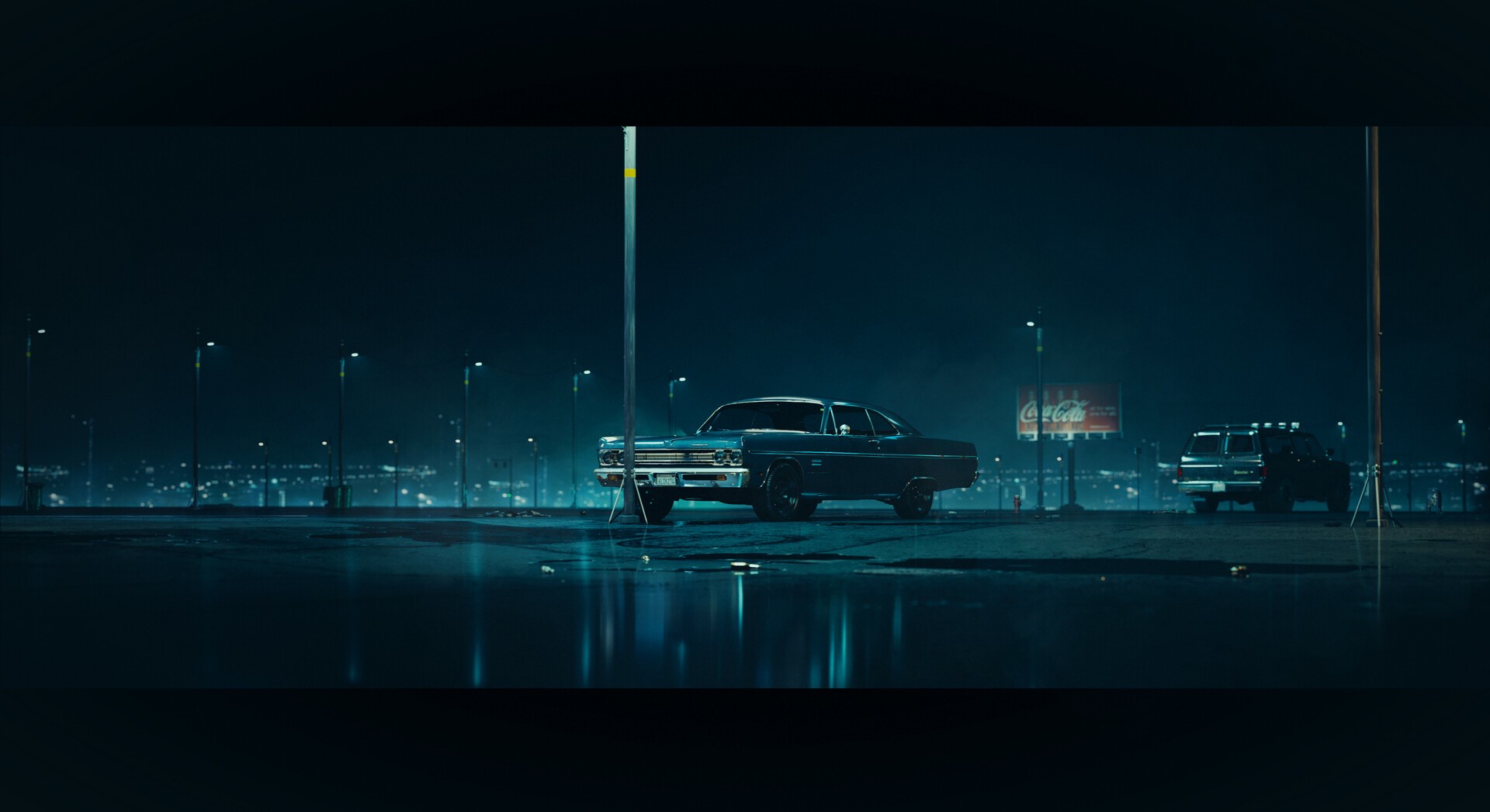 Classic car and SUV at night with Coca-Cola sign HD Wallpaper