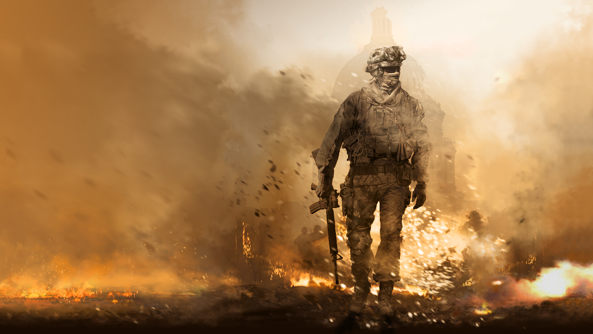 Soldier in a warzone with a building silhouette HD Wallpaper