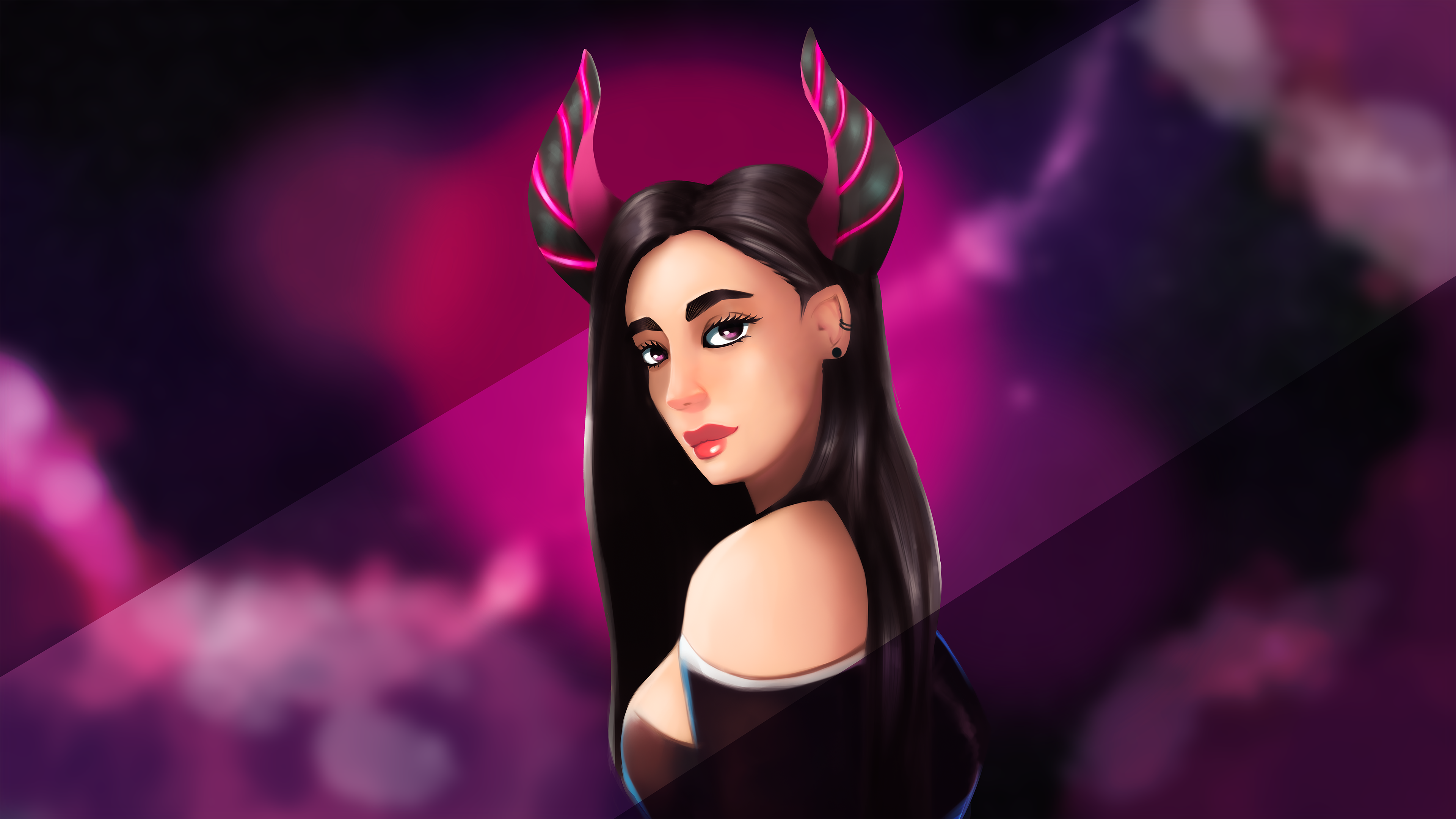 Woman with demon horns and pink clouds HD Wallpaper