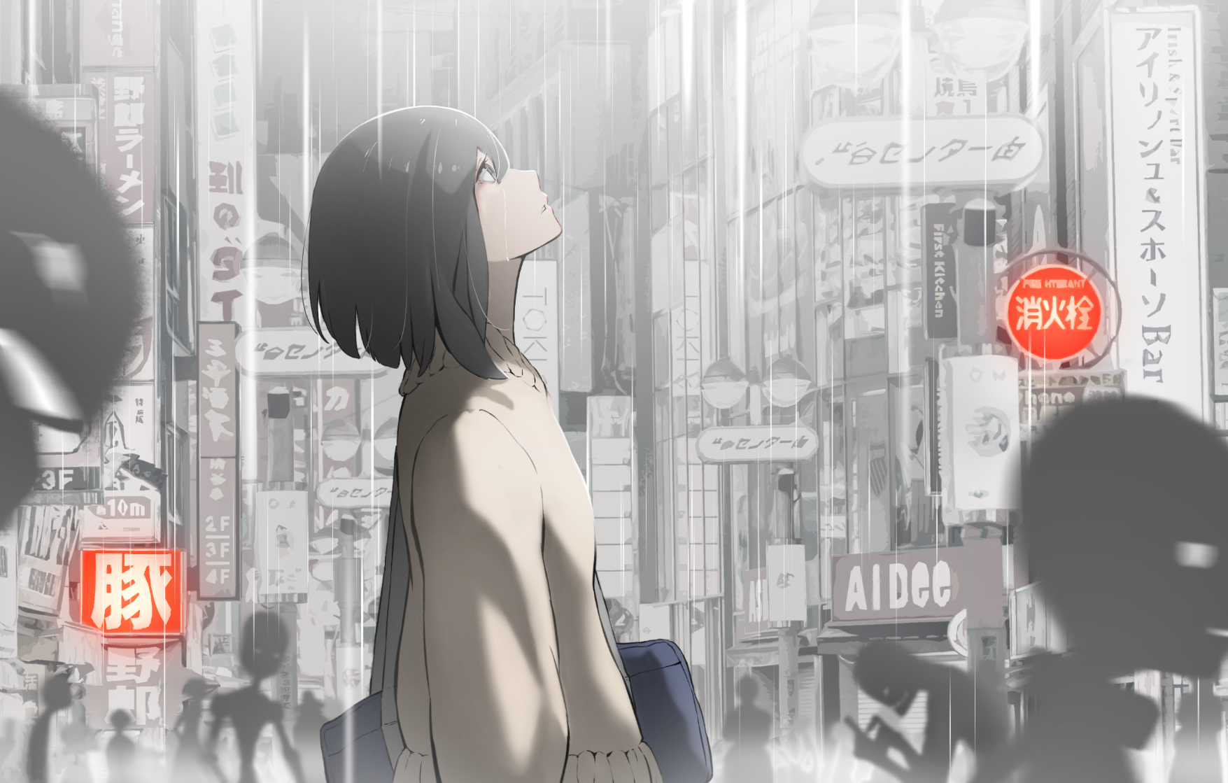 Anime girl in the rain in a Japanese city HD Wallpaper