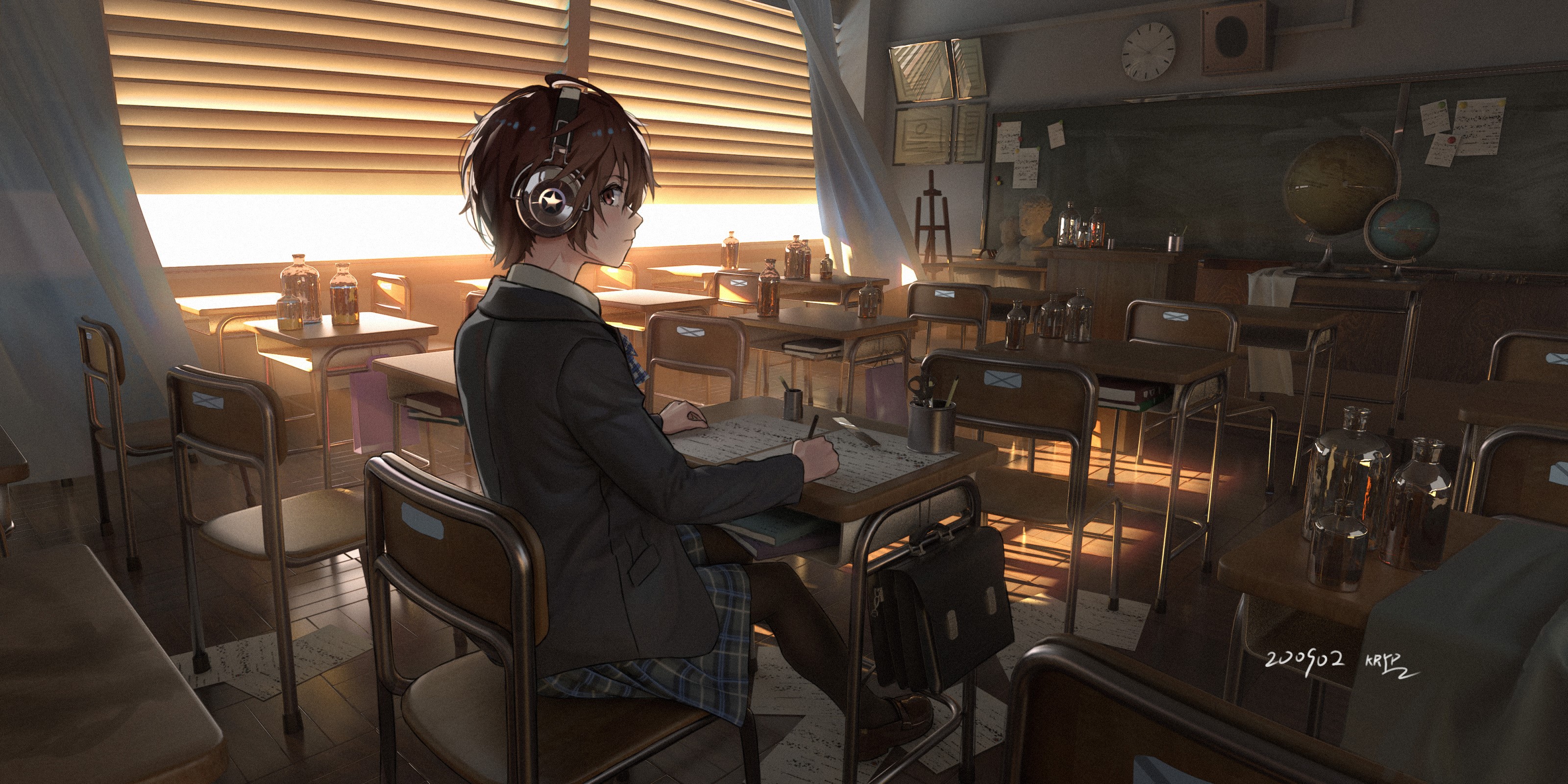 Anime girl with headphones writing in a classroom HD Wallpaper