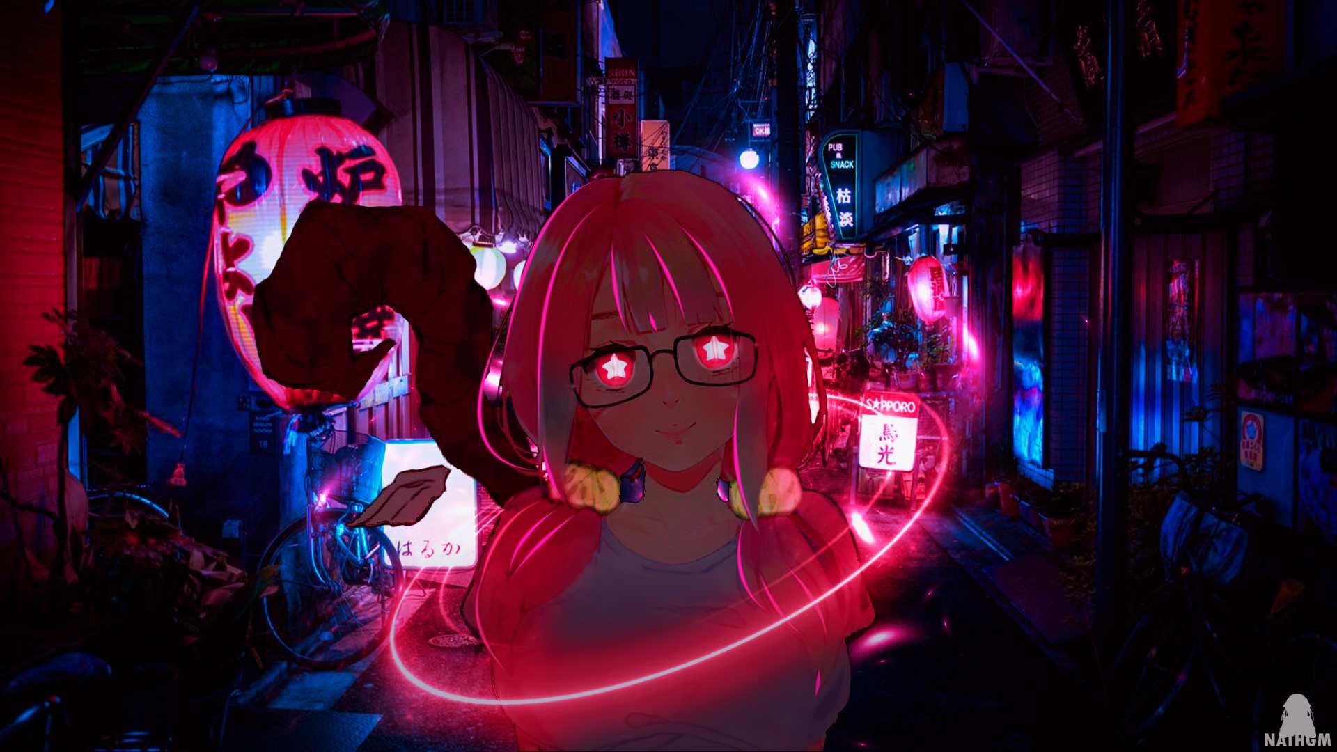 Anime girl with pink hair and glasses in neon city HD Wallpaper