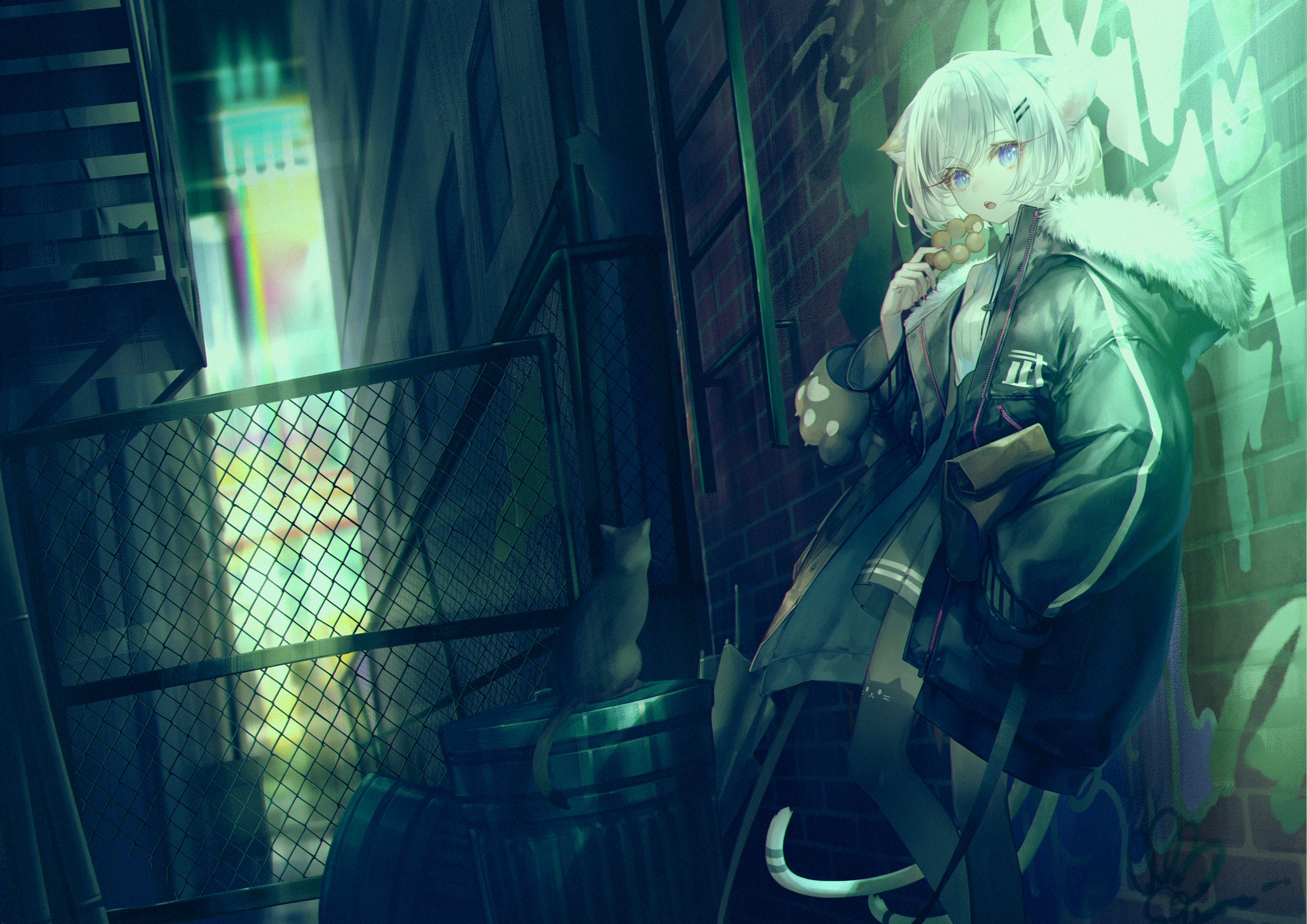 Anime cat girl eating a donut in a dark alley HD Wallpaper