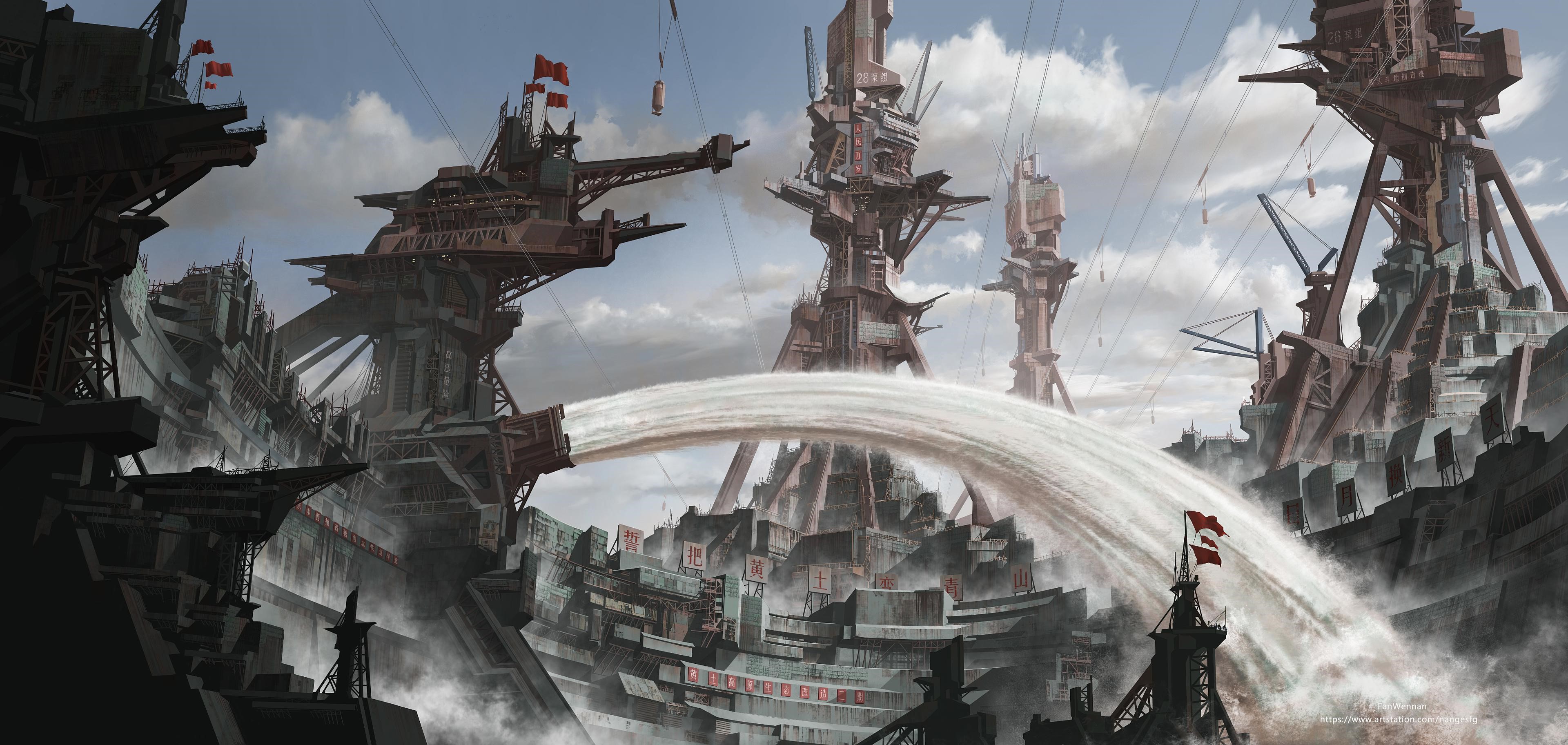 Industrial city with water flowing from cranes HD Wallpaper