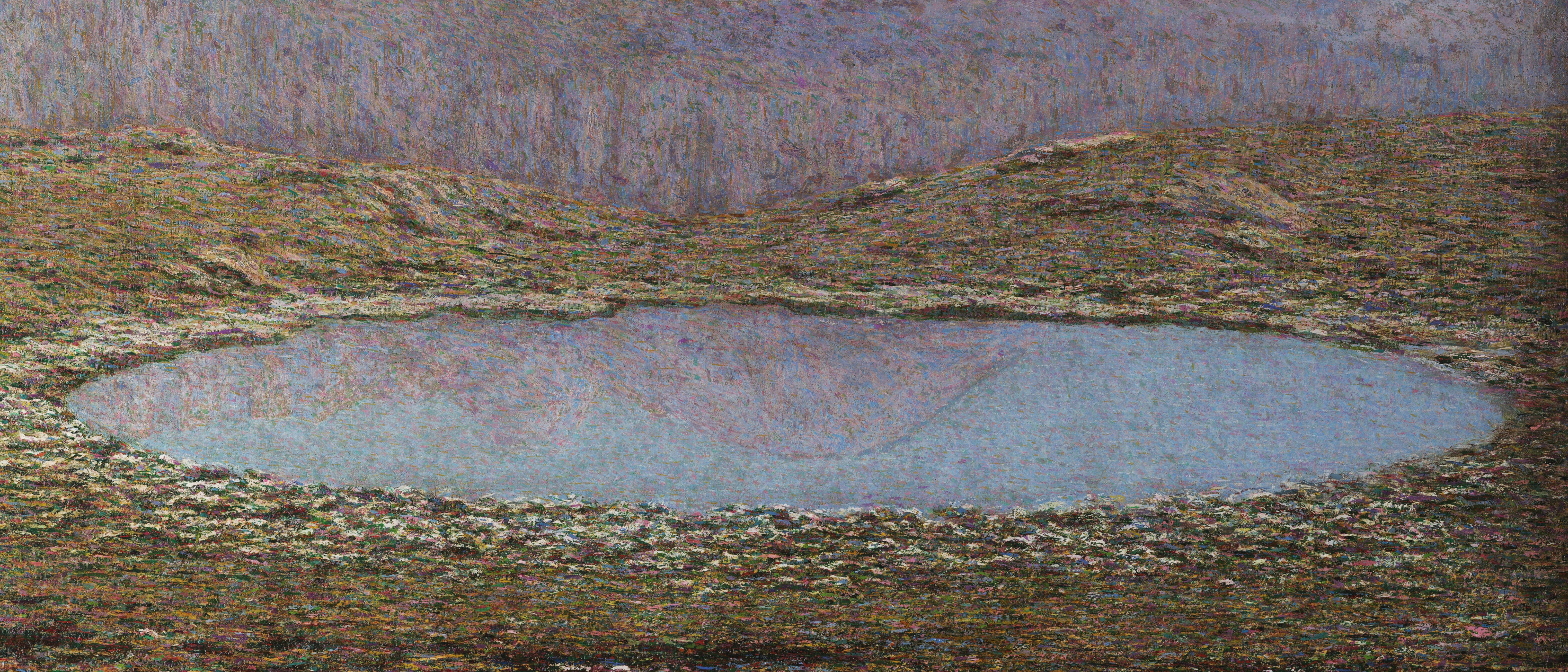 Ultrawide oil painting of a lake and hills HD Wallpaper