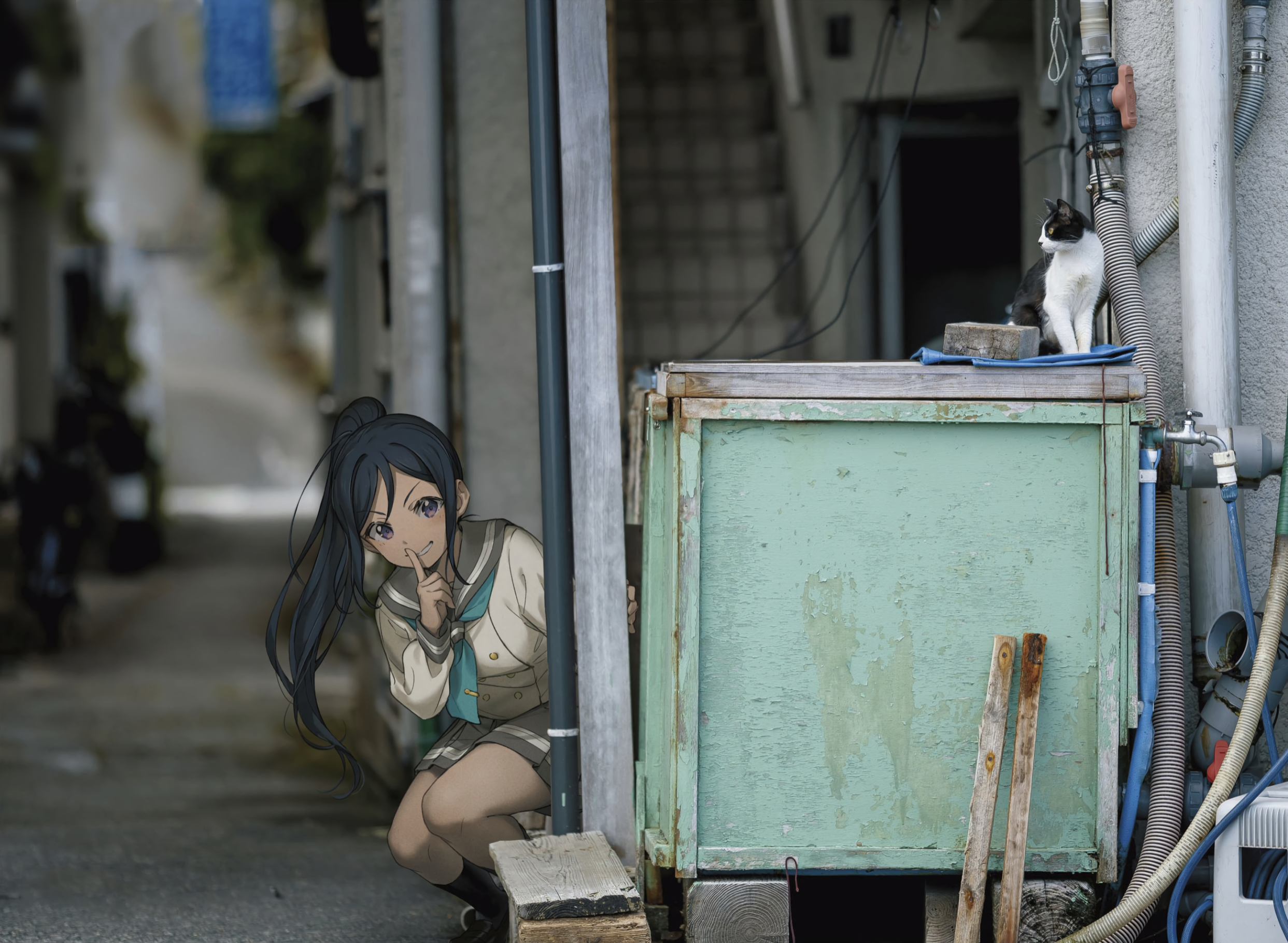 Kanan Matsuura from Love Live! Sunshine!! peeking from behind a pole HD Wallpaper