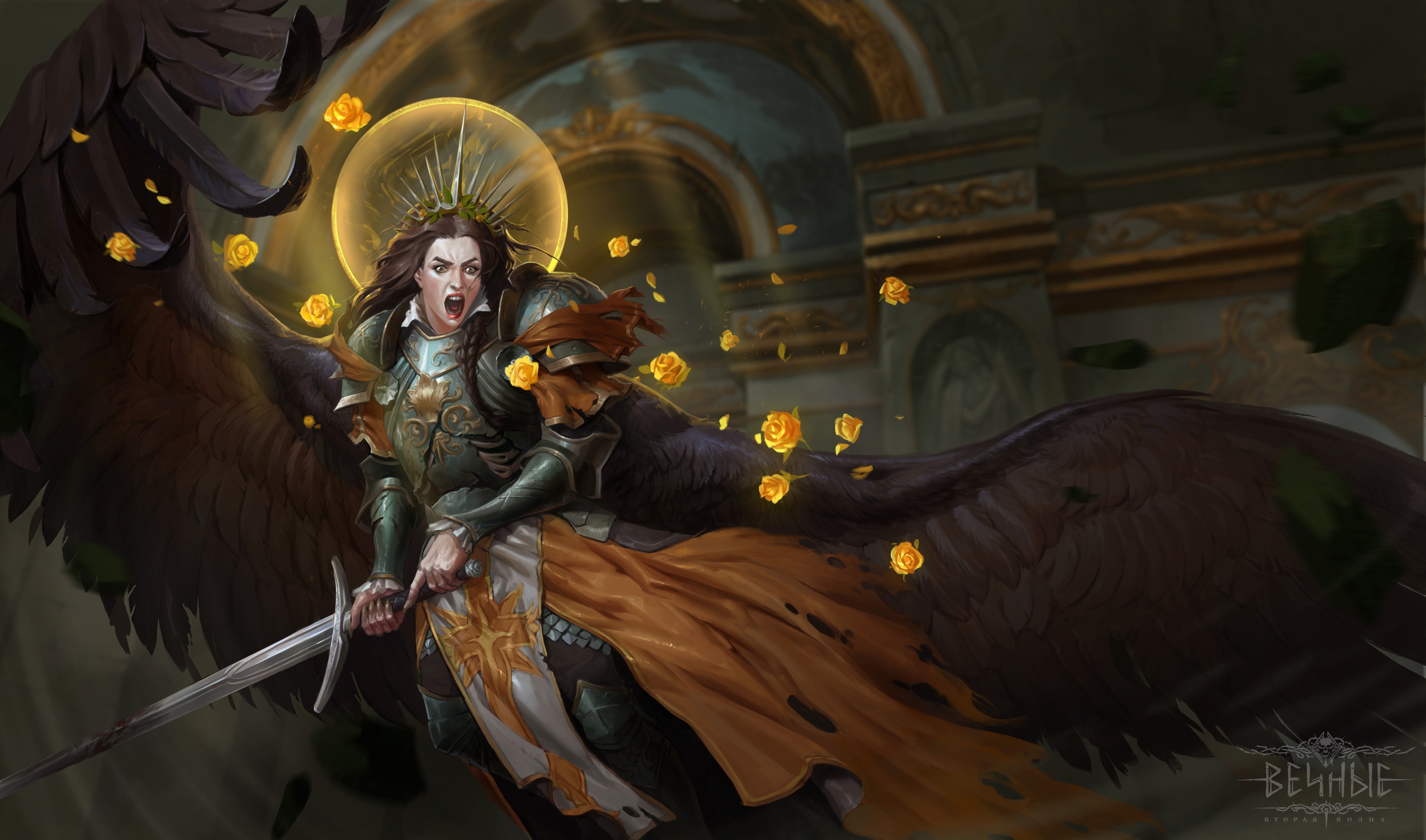 Fantasy angel warrior with sword and wings HD Wallpaper