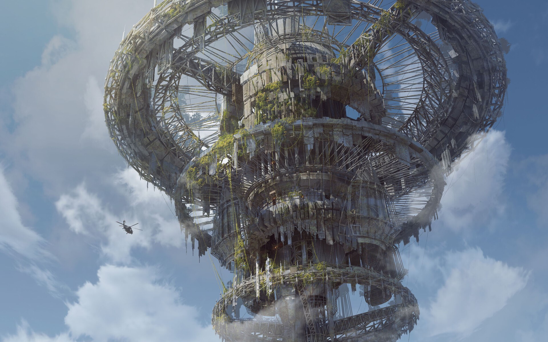 Ruined futuristic structure with a helicopter HD Wallpaper