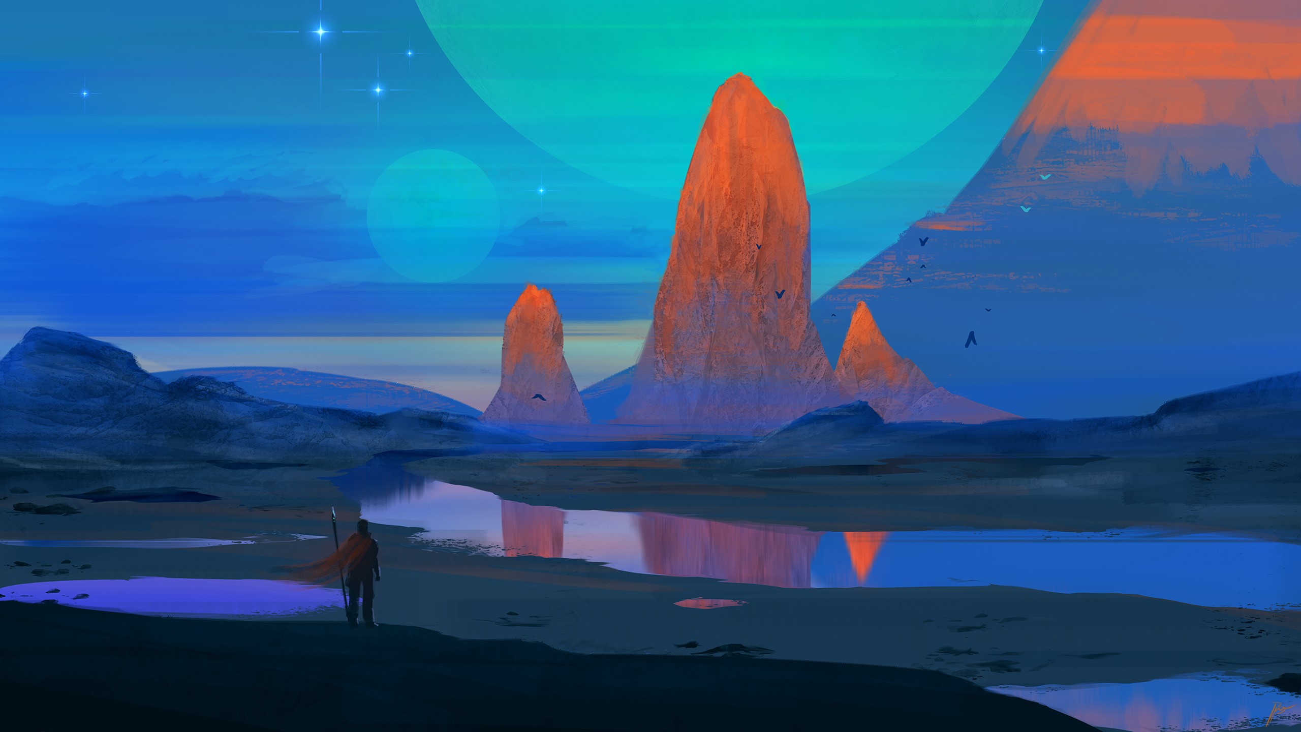 Digital art of a lone traveler in a surreal alien landscape HD Wallpaper