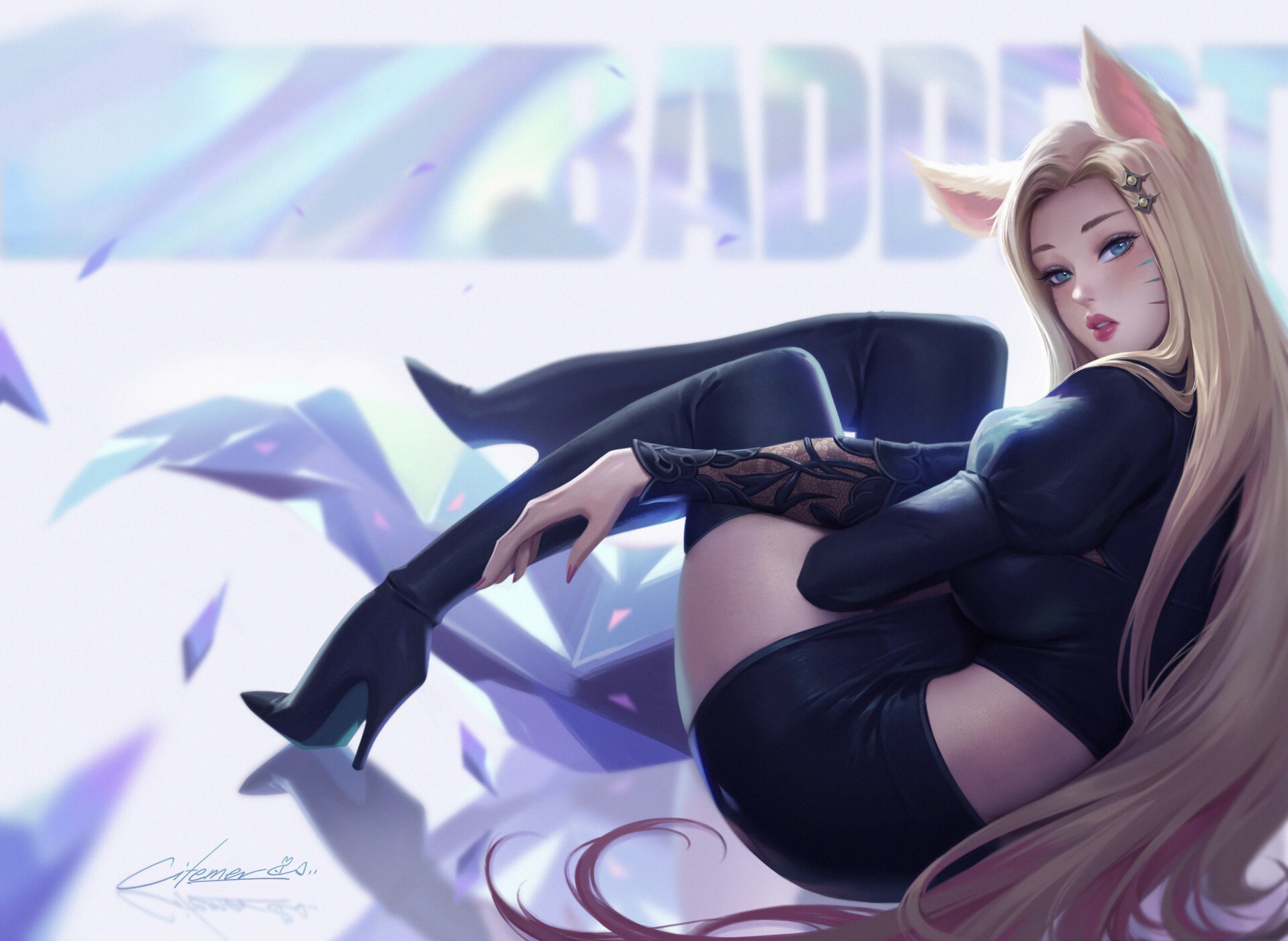 Ahri from League of Legends sitting with legs crossed HD Wallpaper