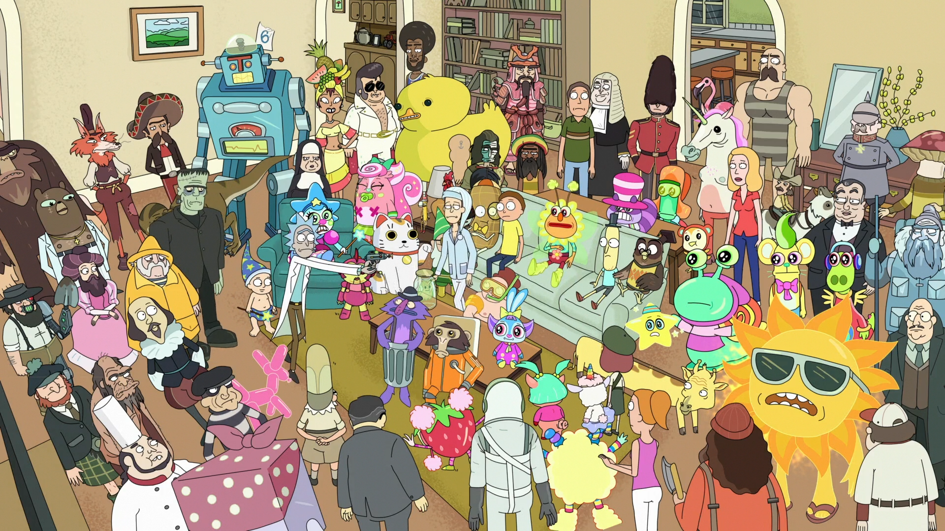 Rick and Morty characters in a crowded room HD Wallpaper