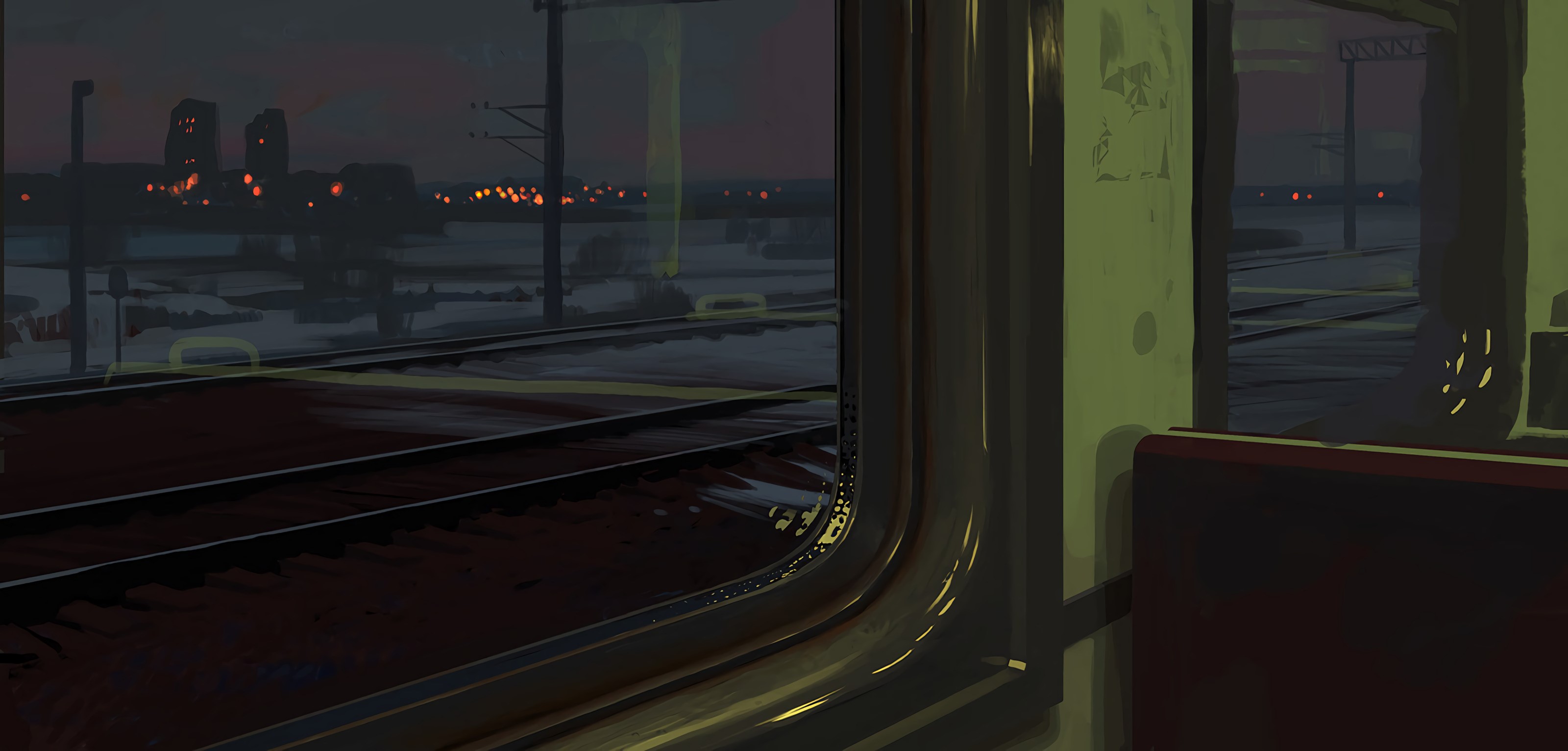 Train tracks at dusk with distant town lights HD Wallpaper
