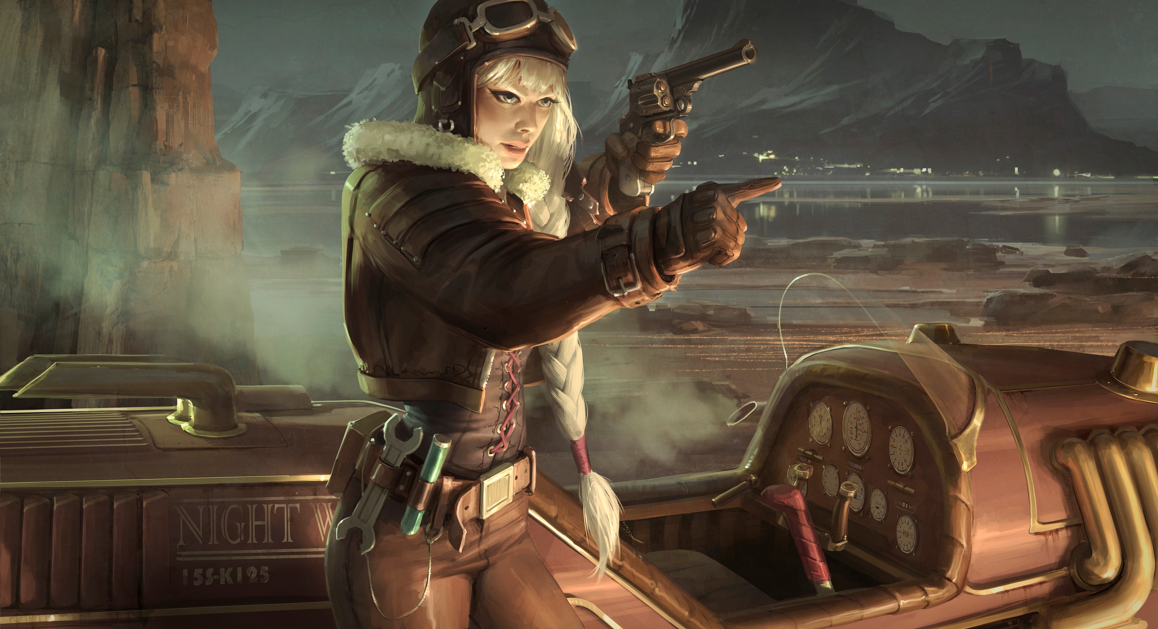 Steampunk pilot with gun in a vehicle HD Wallpaper