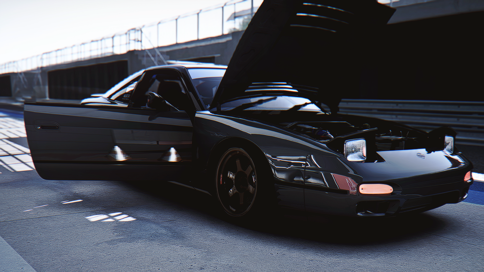Nissan 240SX with open hood and door on track HD Wallpaper