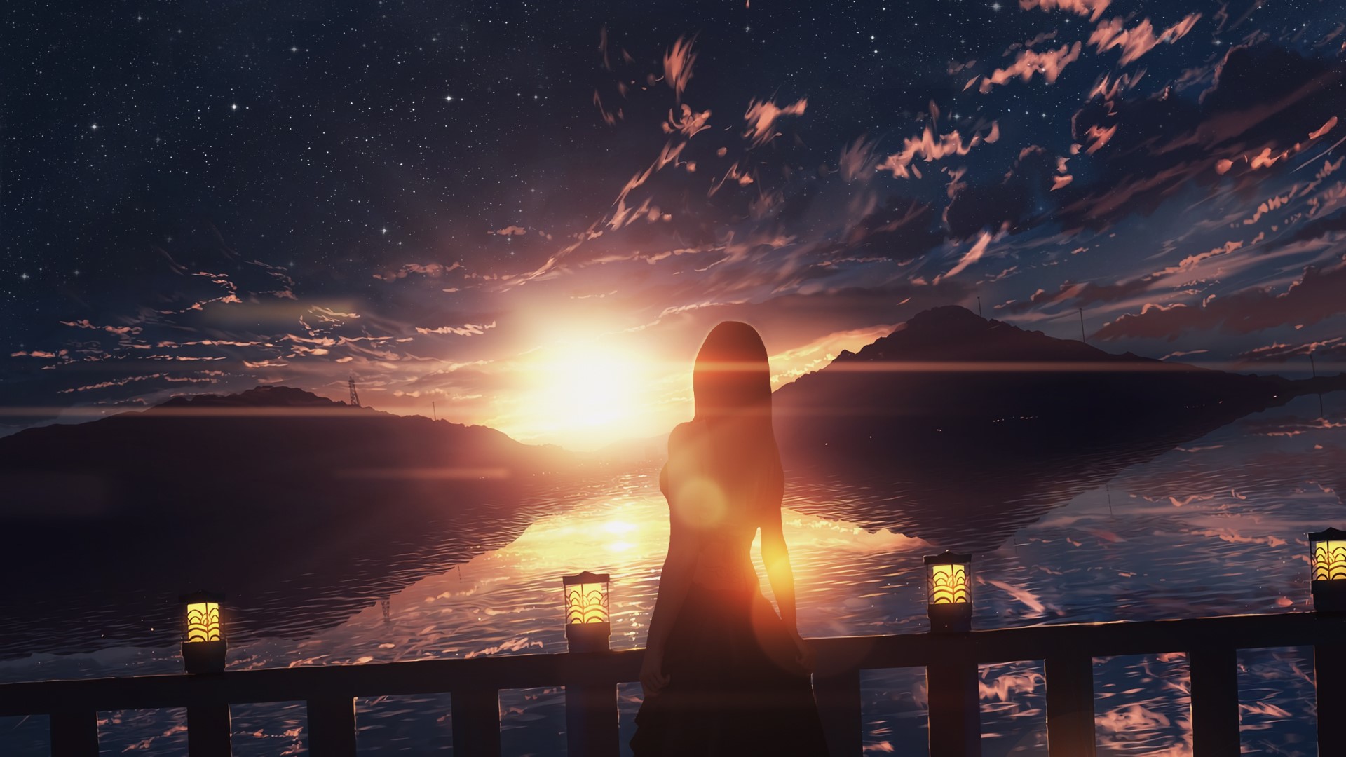 Anime girl watching sunset over the ocean HD Wallpaper