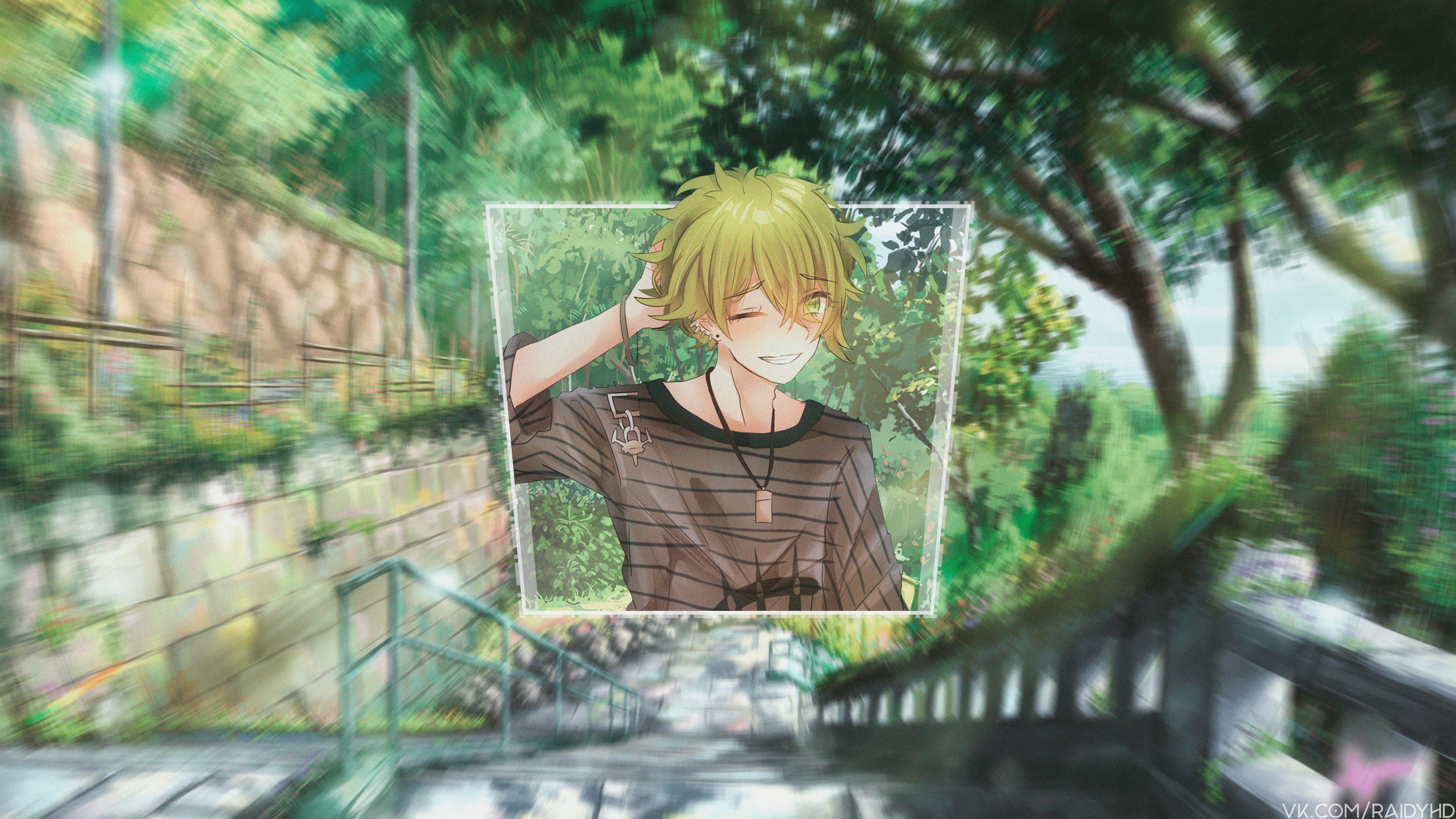 Anime boy with green eyes winking HD Wallpaper