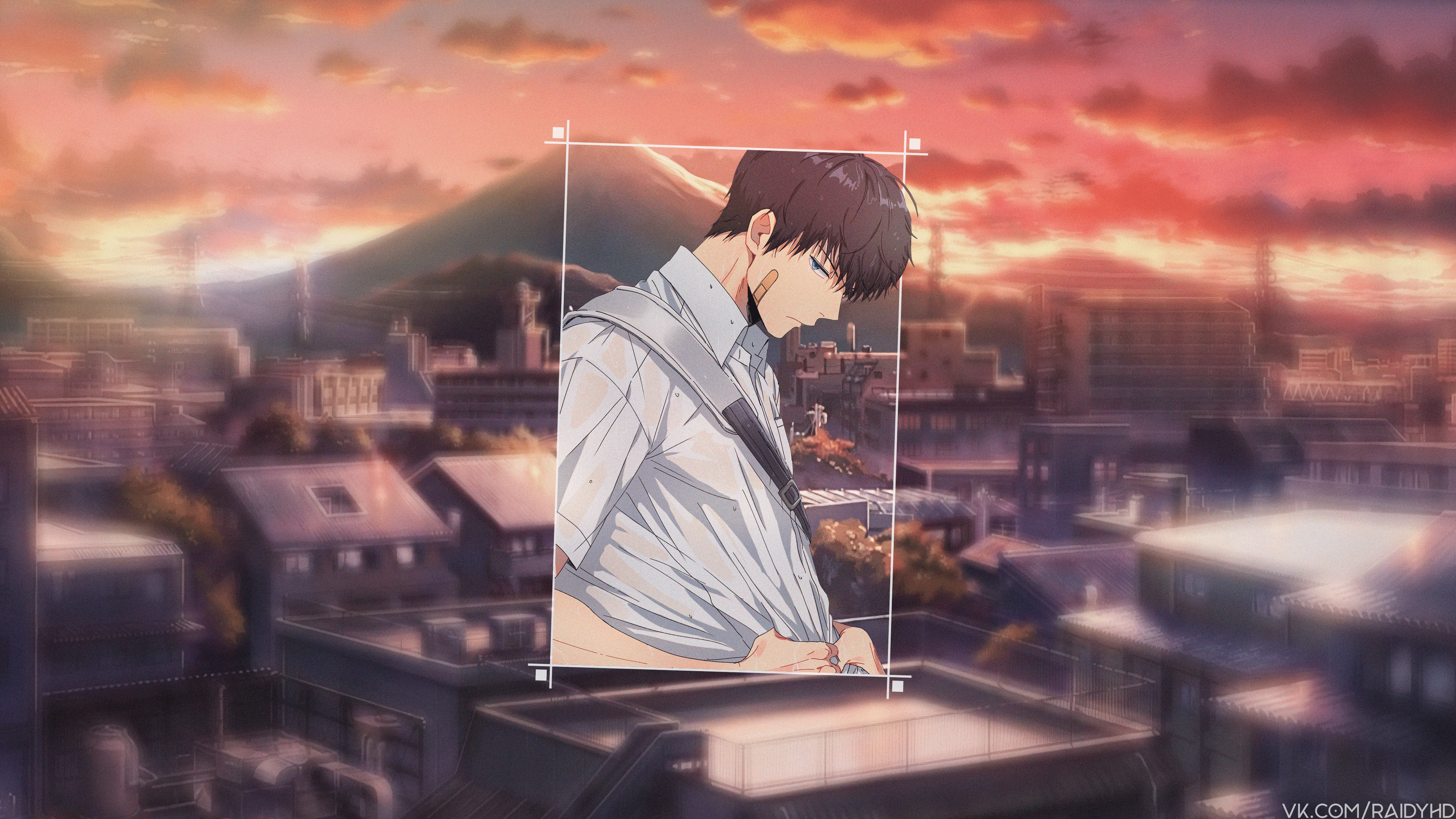 Anime boy in cityscape at sunset HD Wallpaper