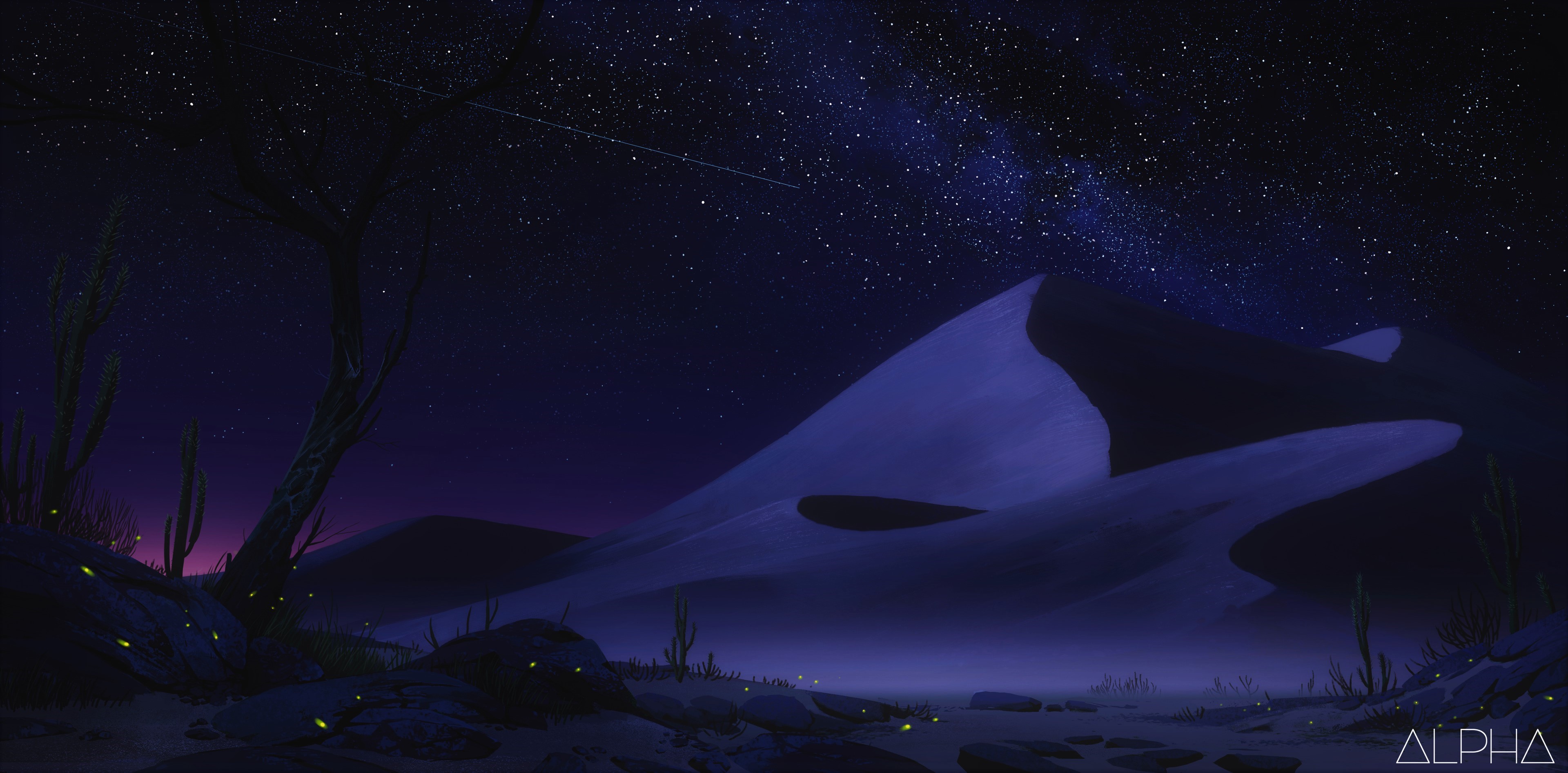 Desert landscape at night with stars and fireflies HD Wallpaper