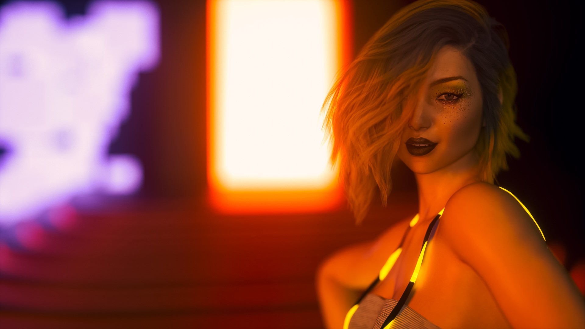 Woman with glitter makeup in neon lights HD Wallpaper