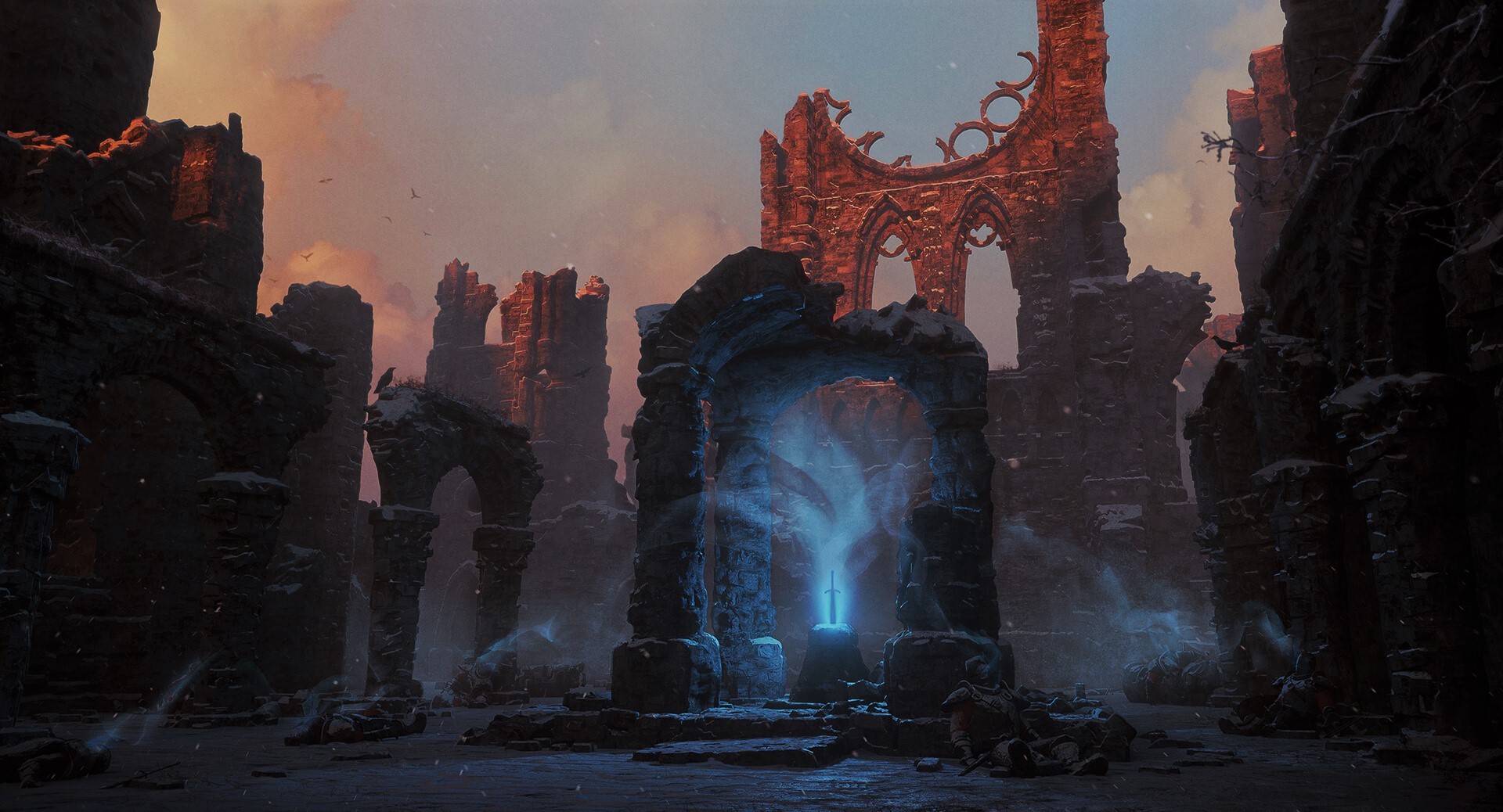 Ruins with a glowing sword and sunset sky HD Wallpaper