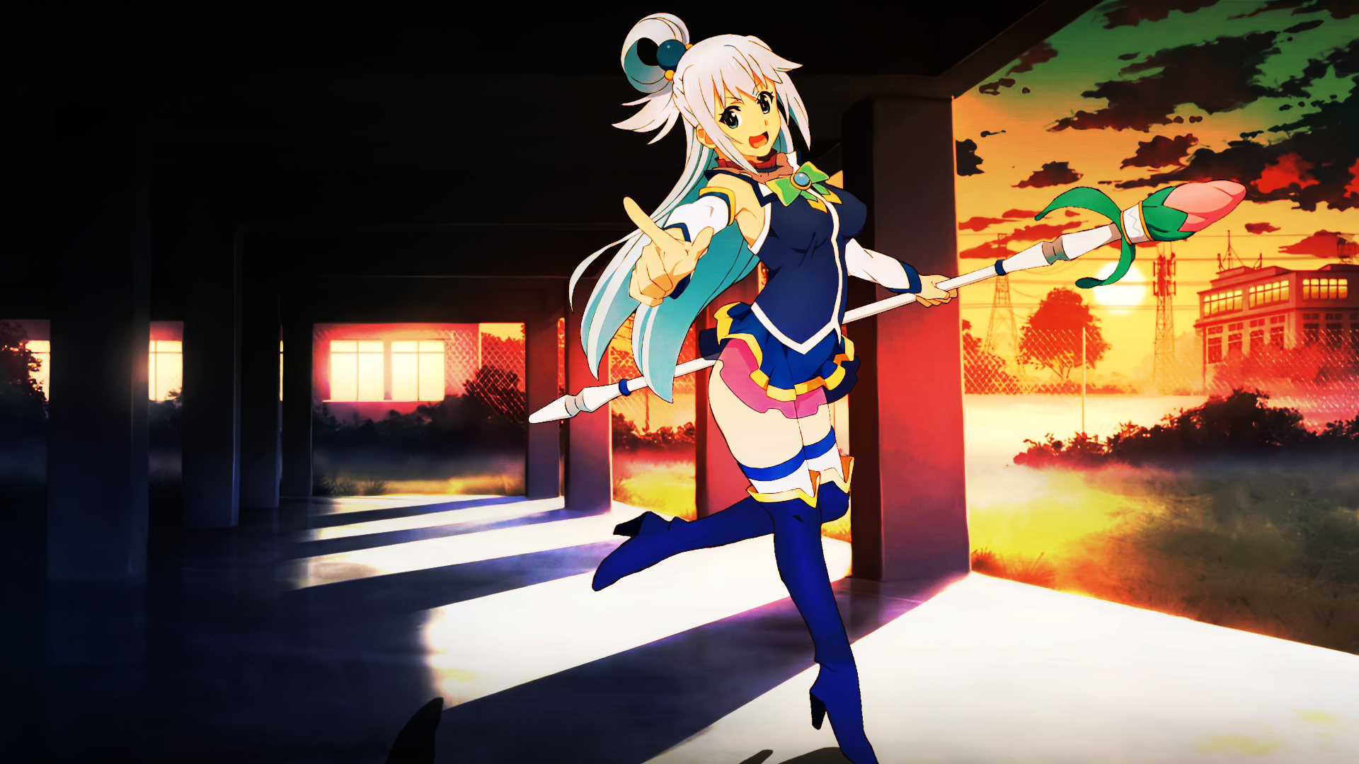 Aqua from KonoSuba holding a staff HD Wallpaper