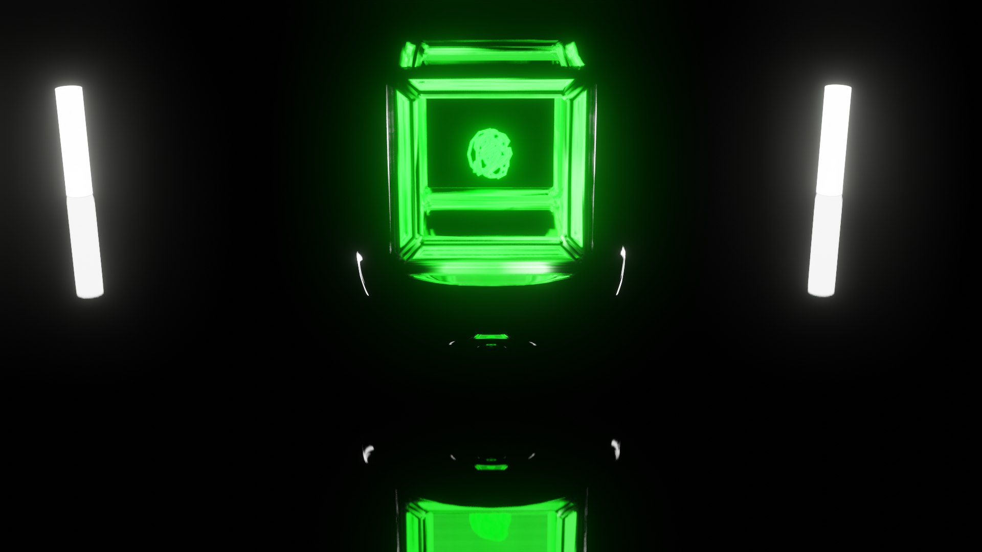 Abstract 3D render with glowing green cube and white lights HD Wallpaper