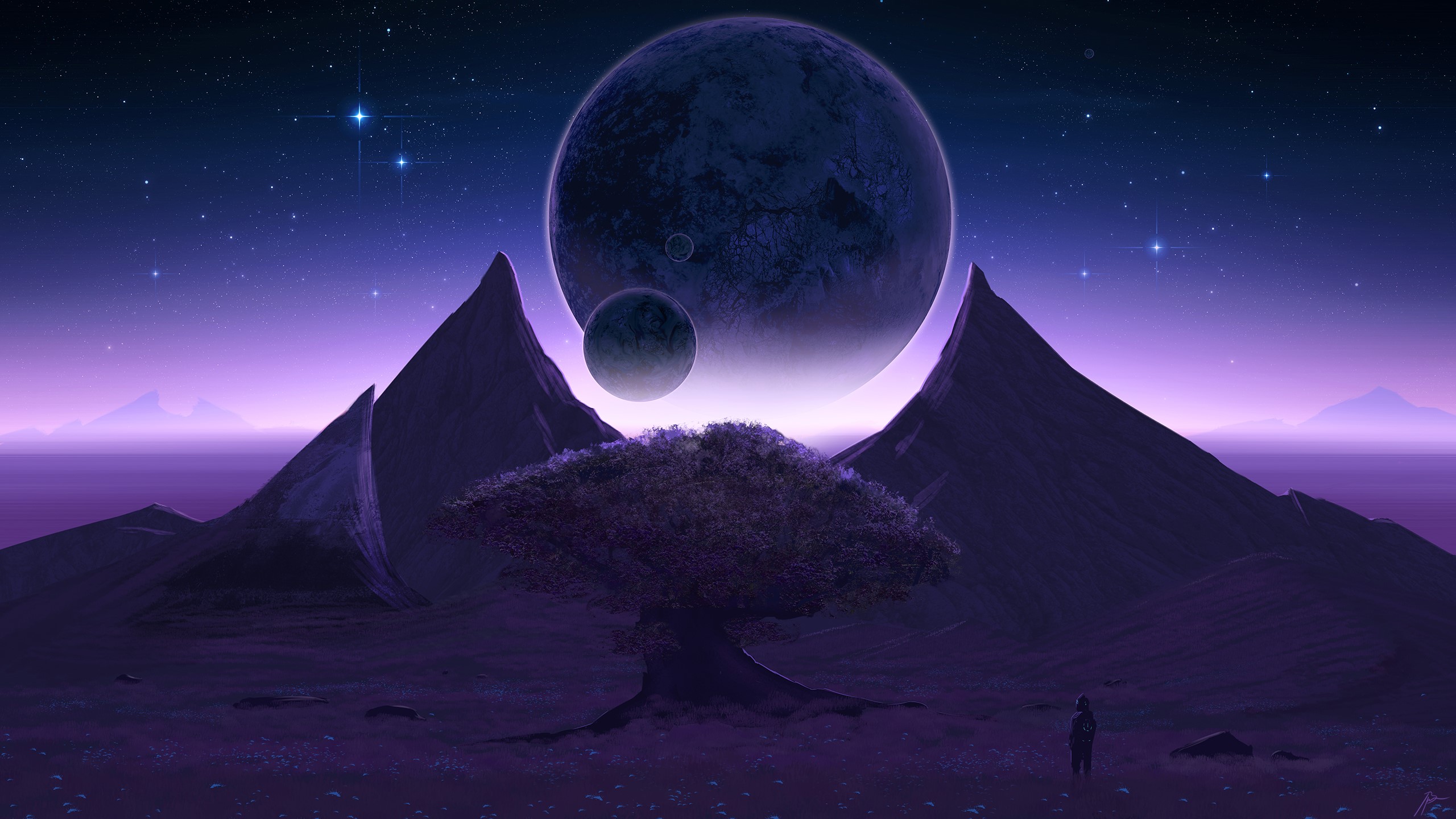 Alien landscape with planets and a lone figure HD Wallpaper