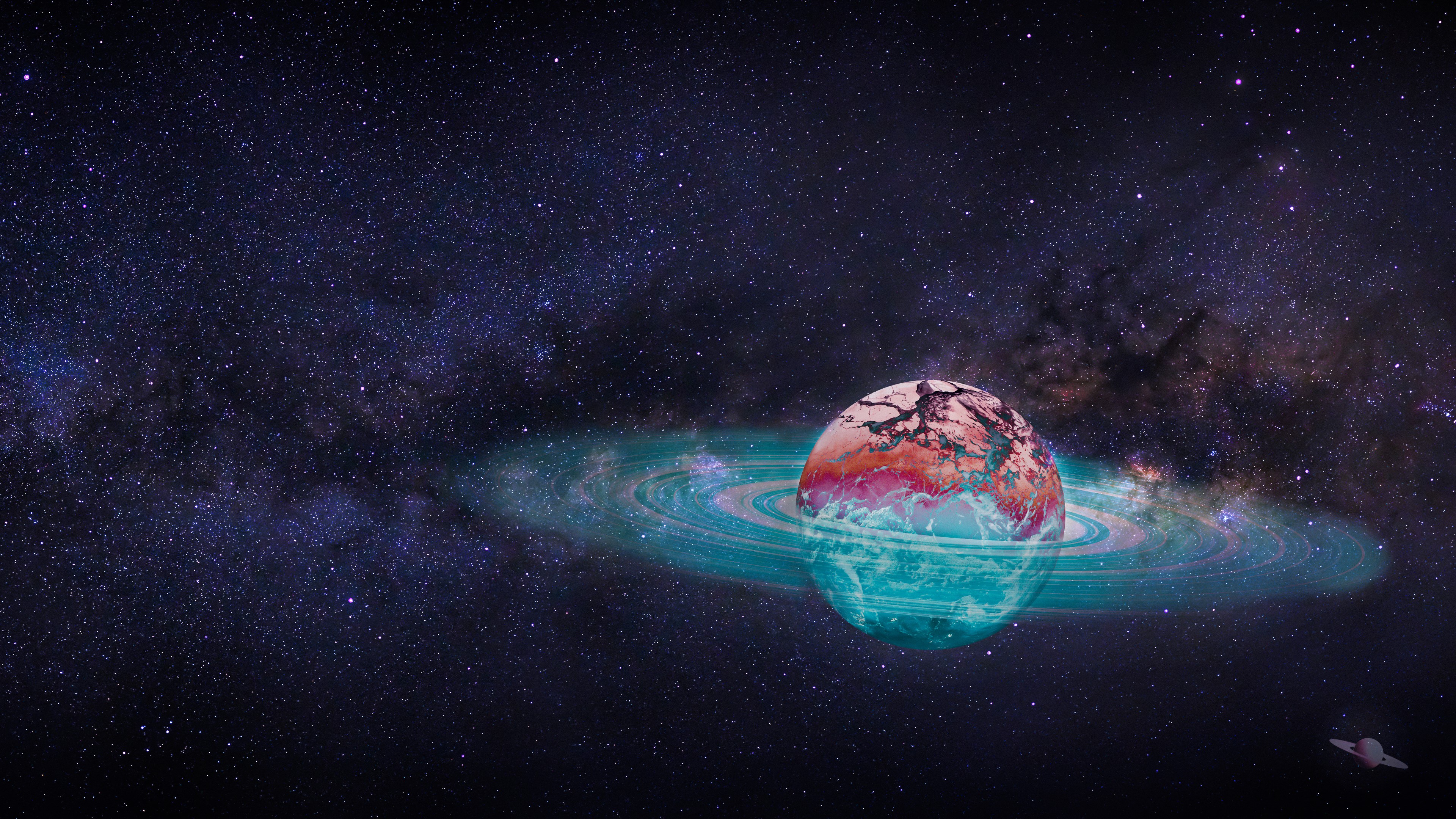 4K Space Galaxy with Ringed Planet HD Wallpaper