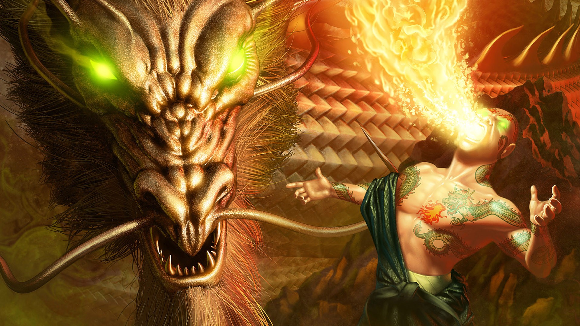 Dragon breathing fire on a tattooed man HD Wallpaper