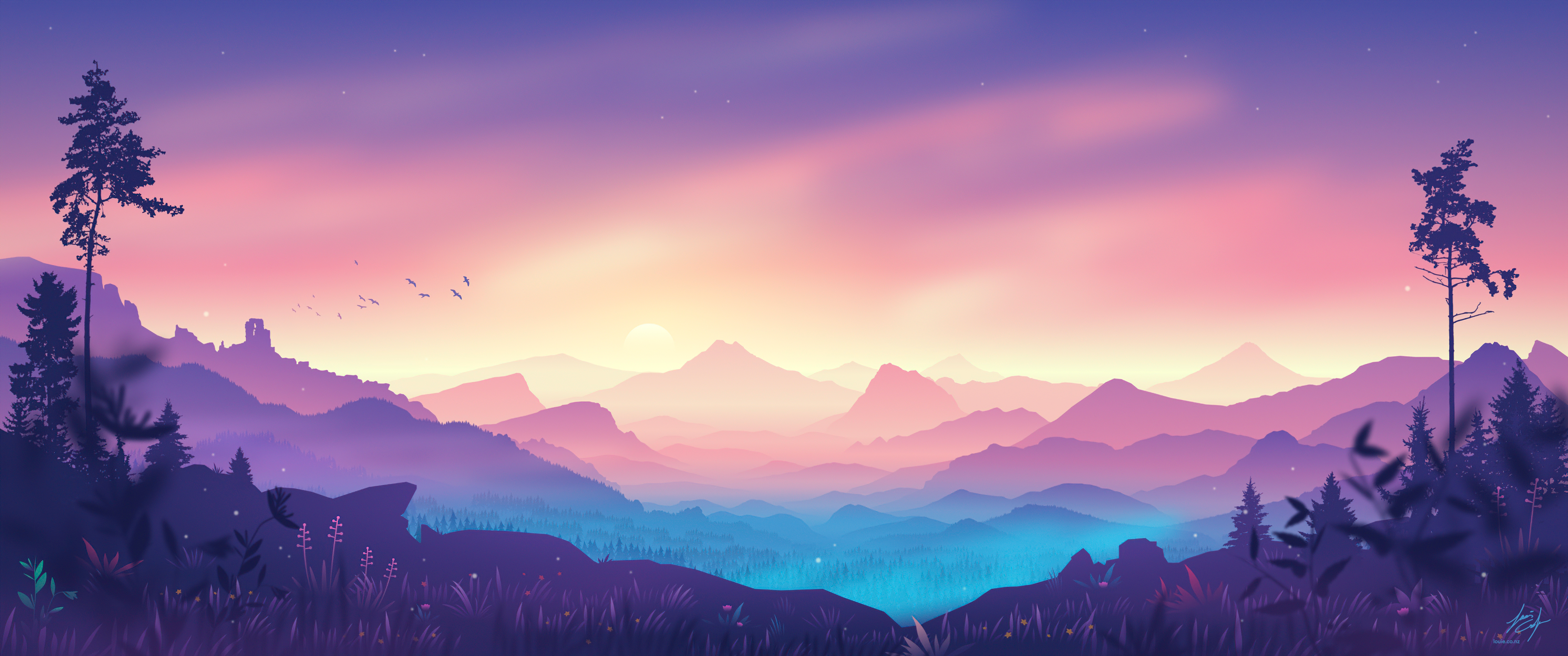 Fantasy landscape with mountains and trees at sunset HD Wallpaper