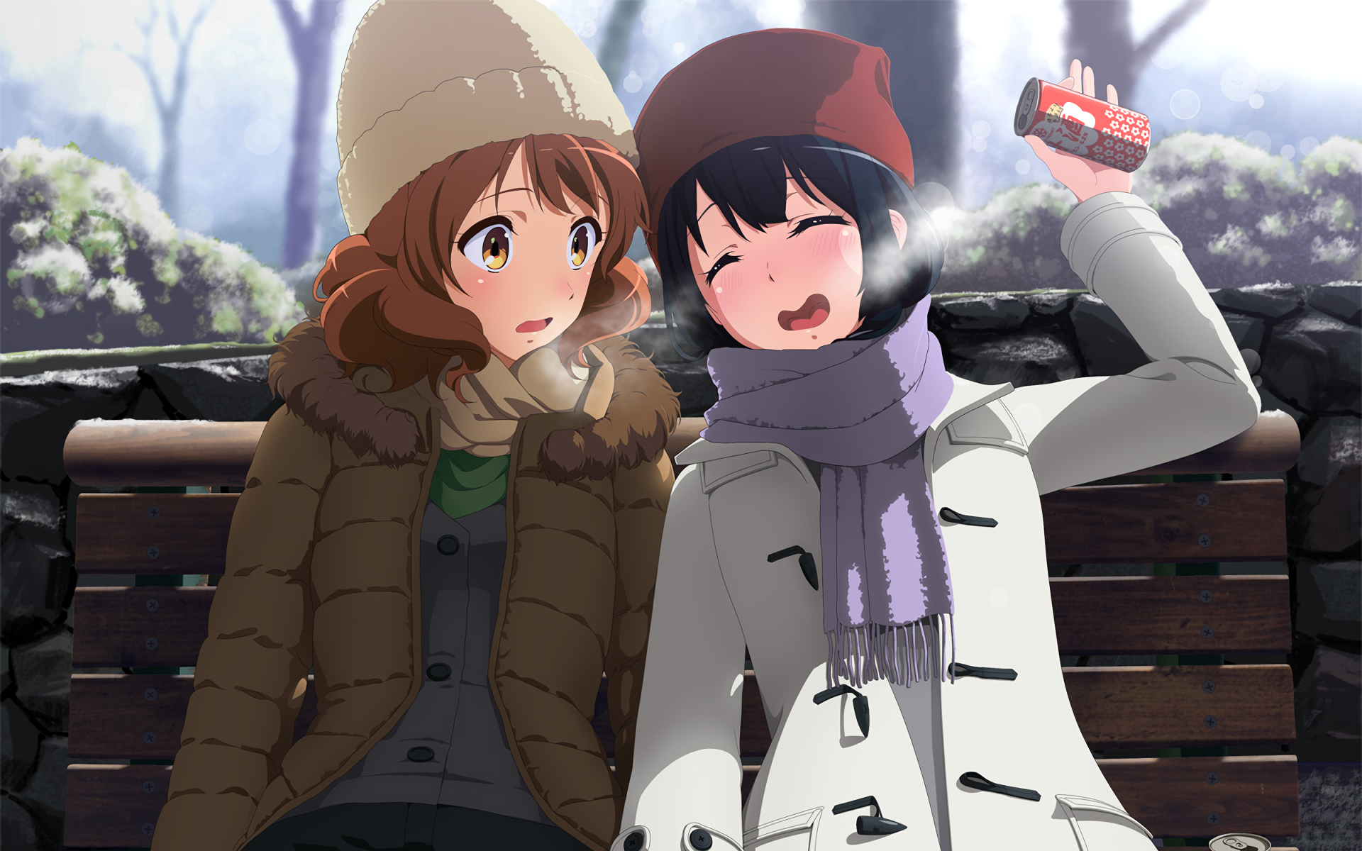 Two anime girls in winter clothes on a bench HD Wallpaper