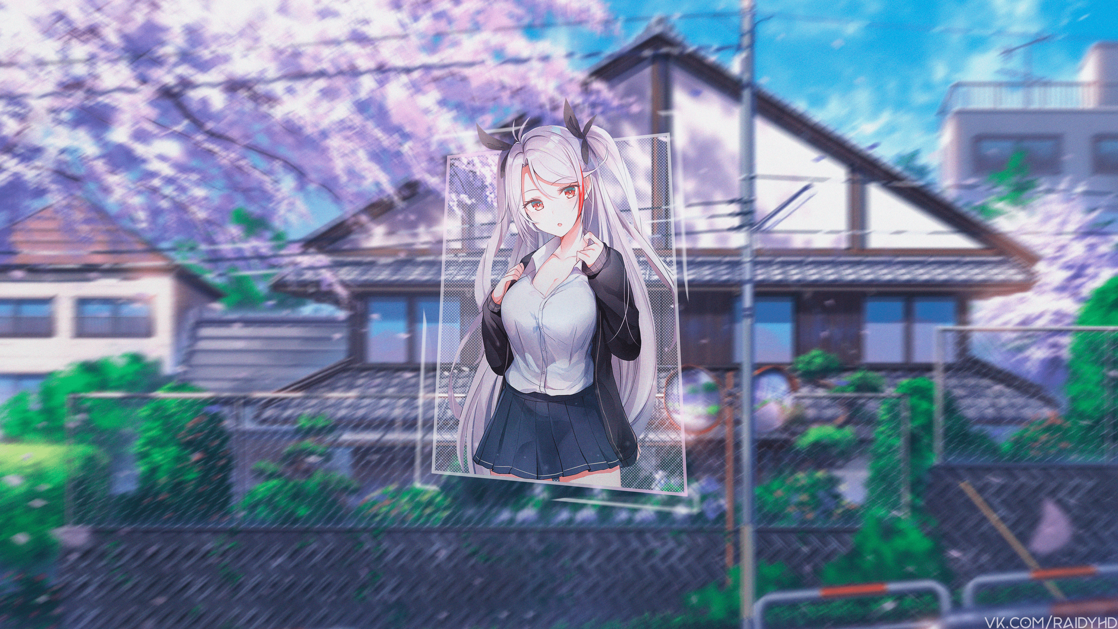 Prinz Eugen from Azur Lane in front of Japanese houses HD Wallpaper