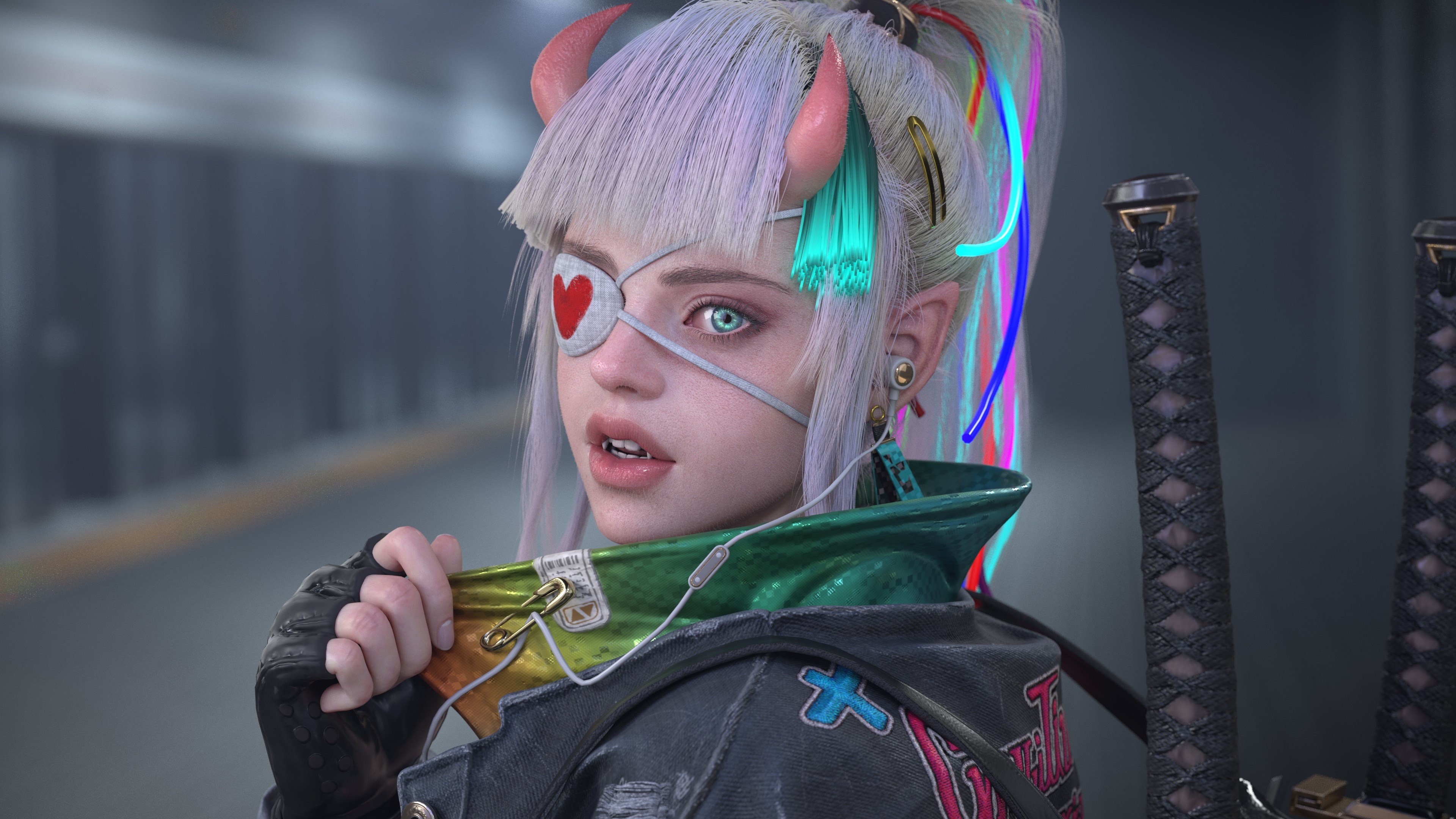 CGI Oni Girl with Eyepatch and Swords HD Wallpaper