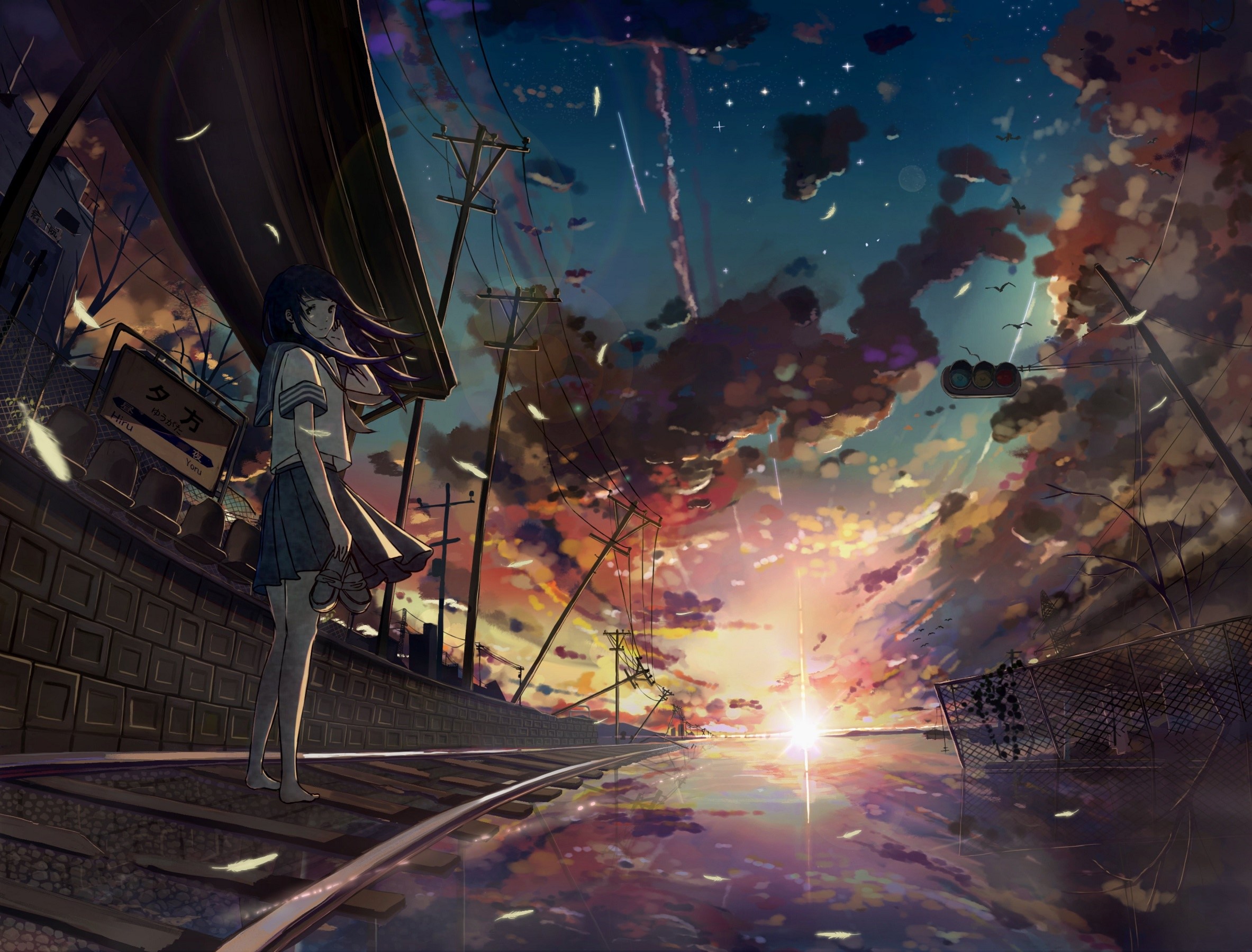 Anime girl in school uniform on train tracks at sunset HD Wallpaper