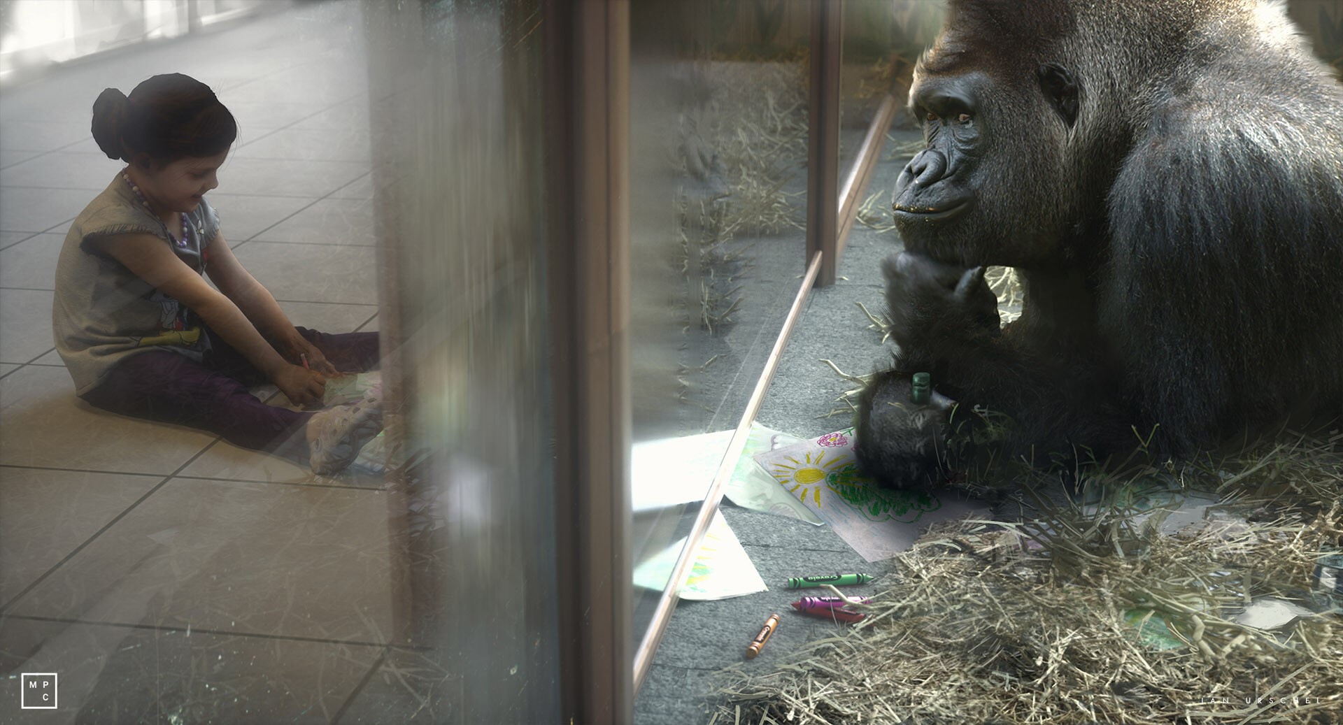 Girl drawing and gorilla in enclosure HD Wallpaper