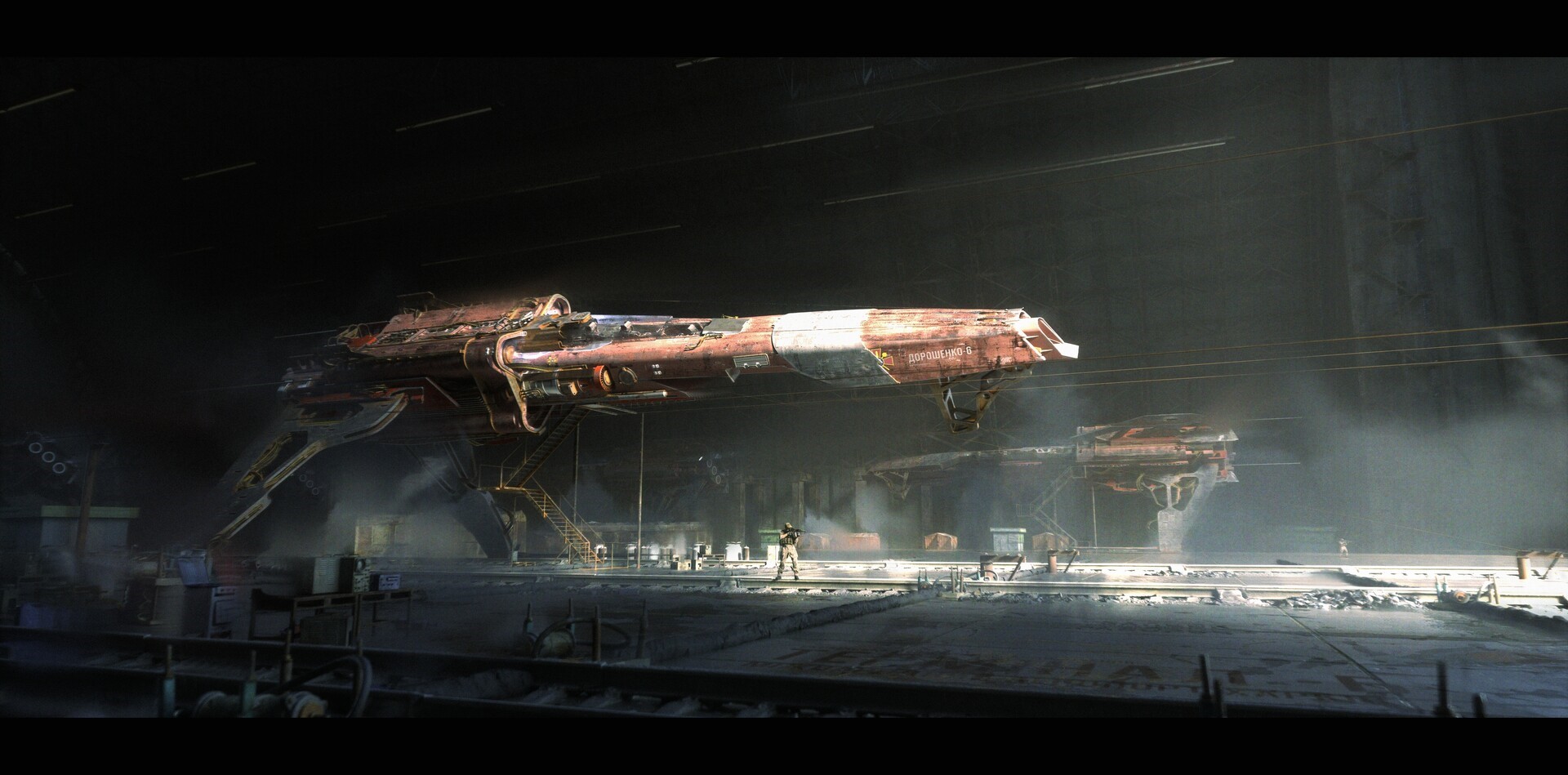 Science fiction vehicles in a hangar HD Wallpaper