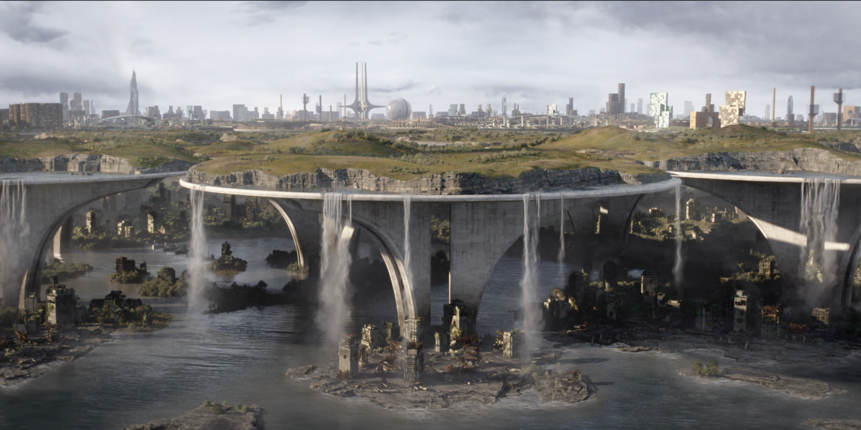 Futuristic city with waterfalls and bridges HD Wallpaper