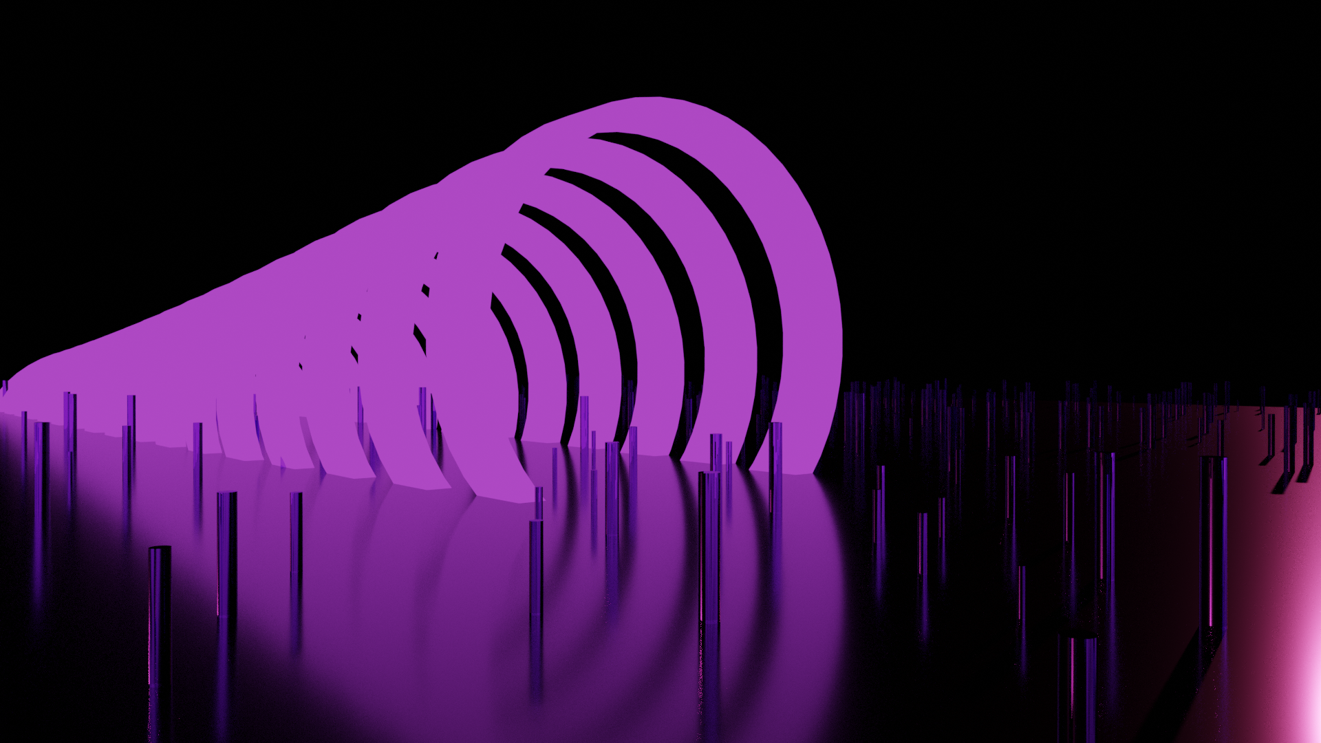 Purple tunnel with reflective floor and pillars HD Wallpaper