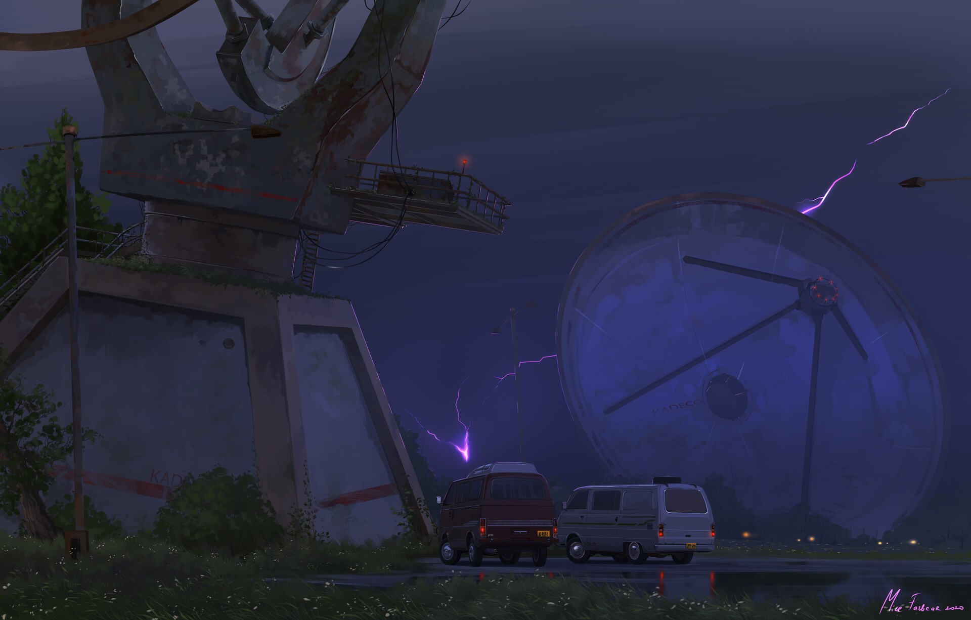 Two vans parked near a large satellite dish during a lightning storm HD Wallpaper