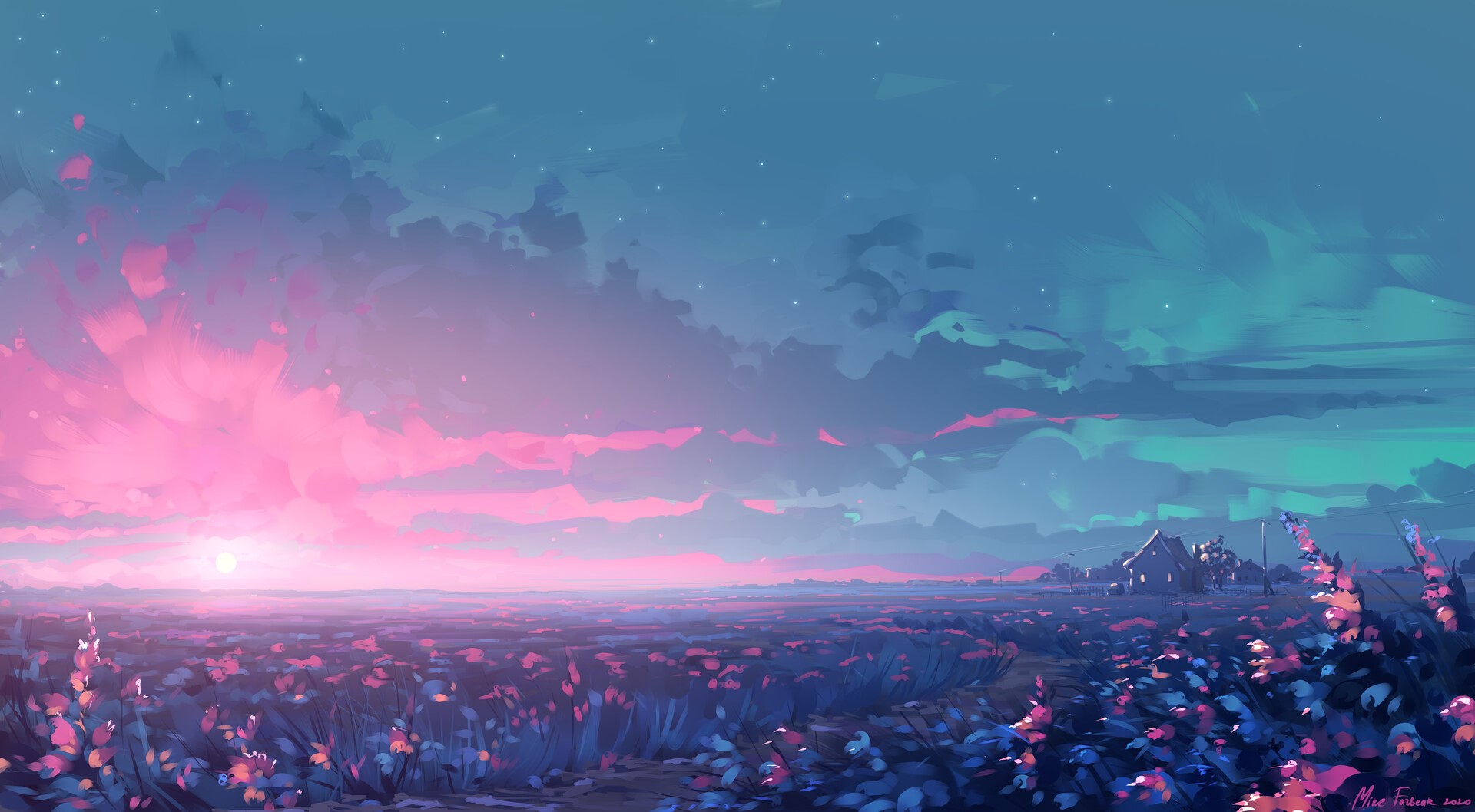 Field of flowers at sunrise with clouds and houses by Mike Fazbear HD Wallpaper