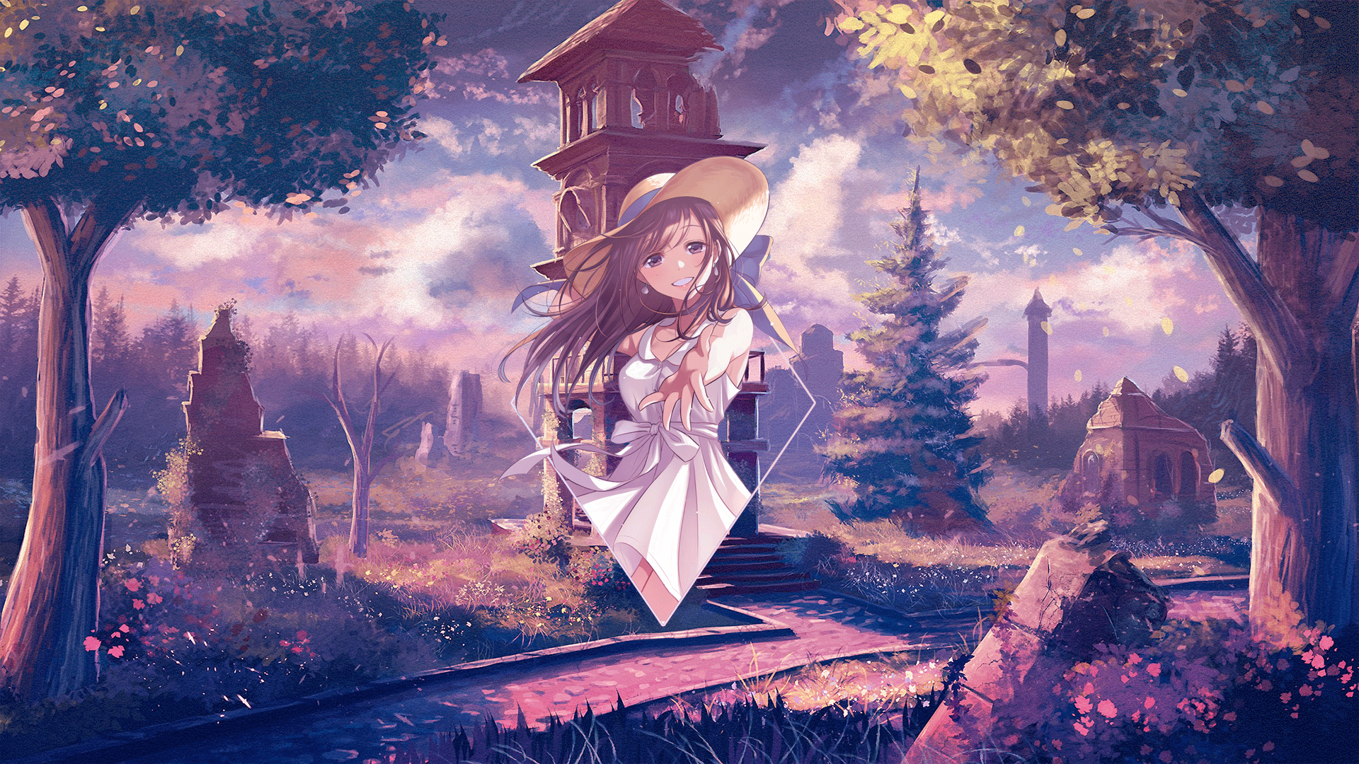 Anime girl in a white dress and straw hat reaching out HD Wallpaper