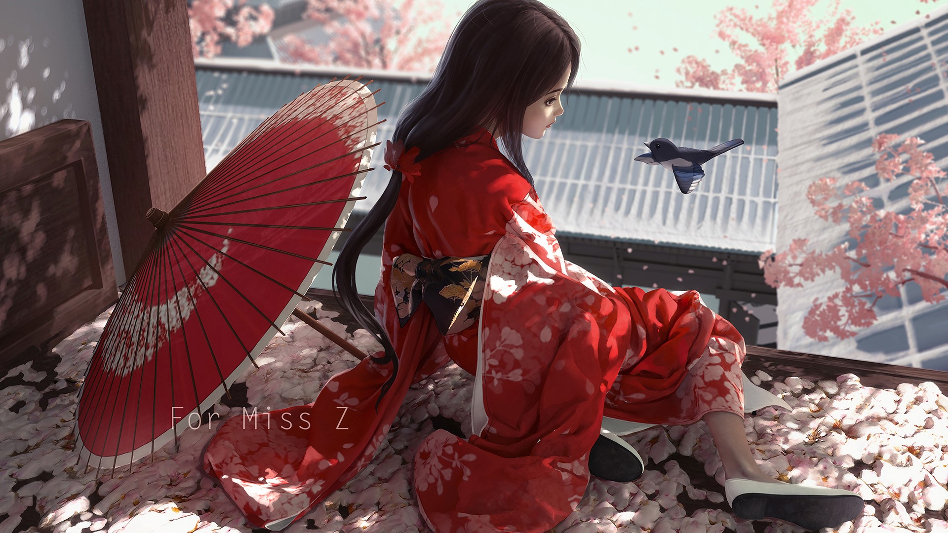 Girl in Kimono with Umbrella and Bird HD Wallpaper