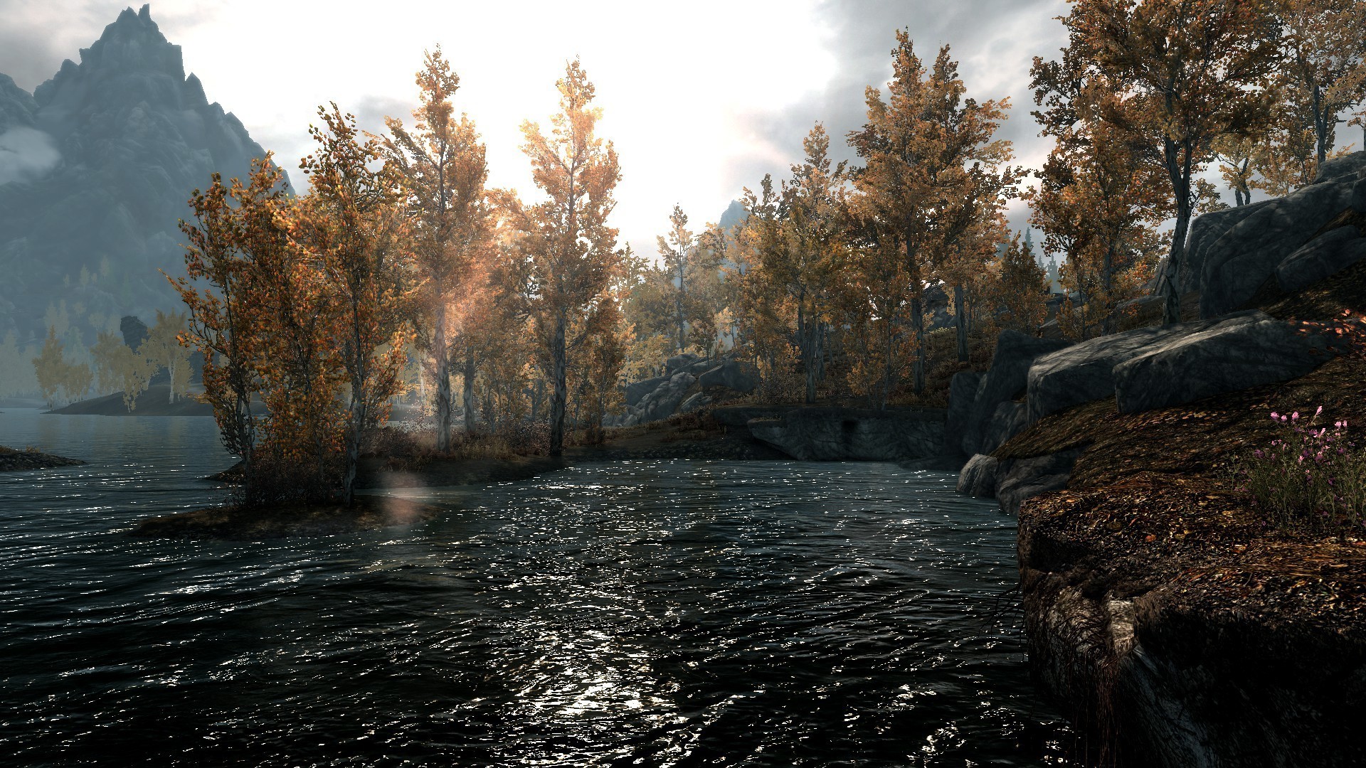 The Elder Scrolls V: Skyrim landscape with mountains and lake HD Wallpaper