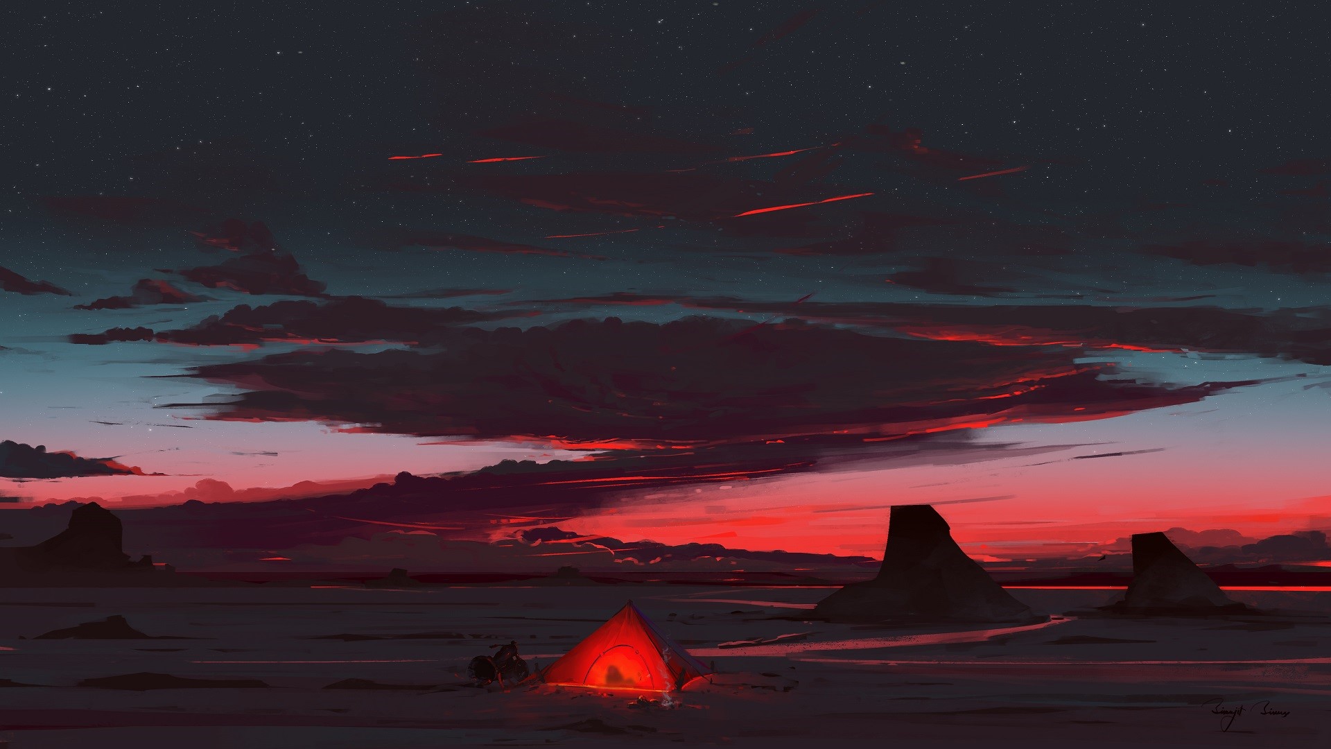 Digital art of a tent at sunset in the desert HD Wallpaper
