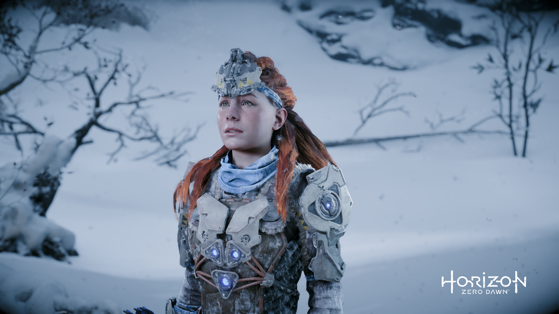 Aloy from Horizon Zero Dawn in a snowy environment HD Wallpaper