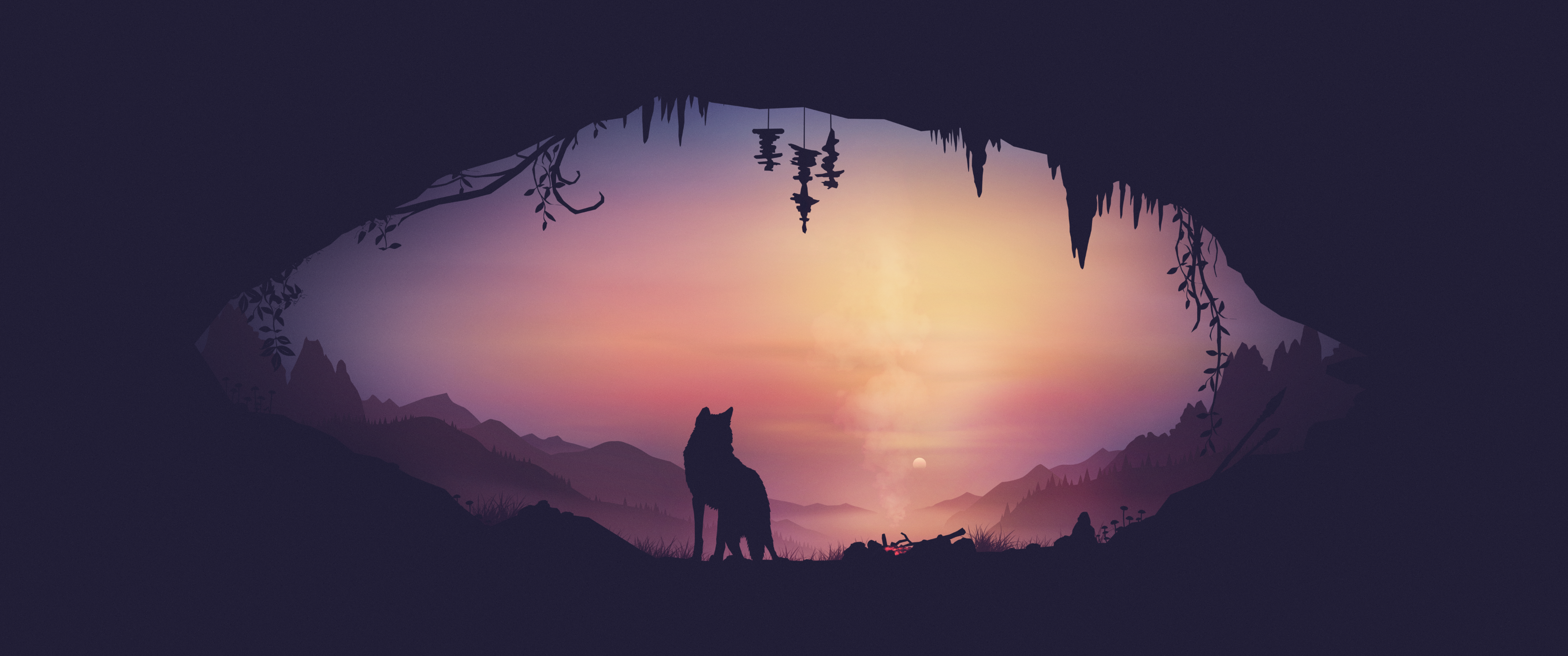 Wolf sitting in a cave at sunset with mountains HD Wallpaper