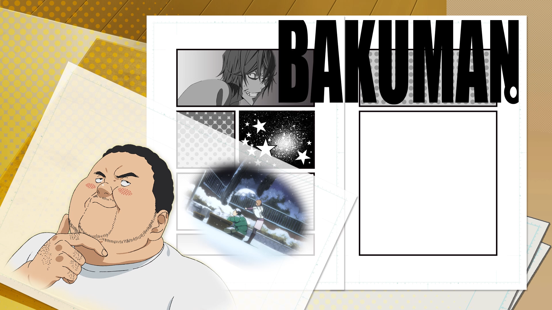 Bakuman manga panels with character and title HD Wallpaper